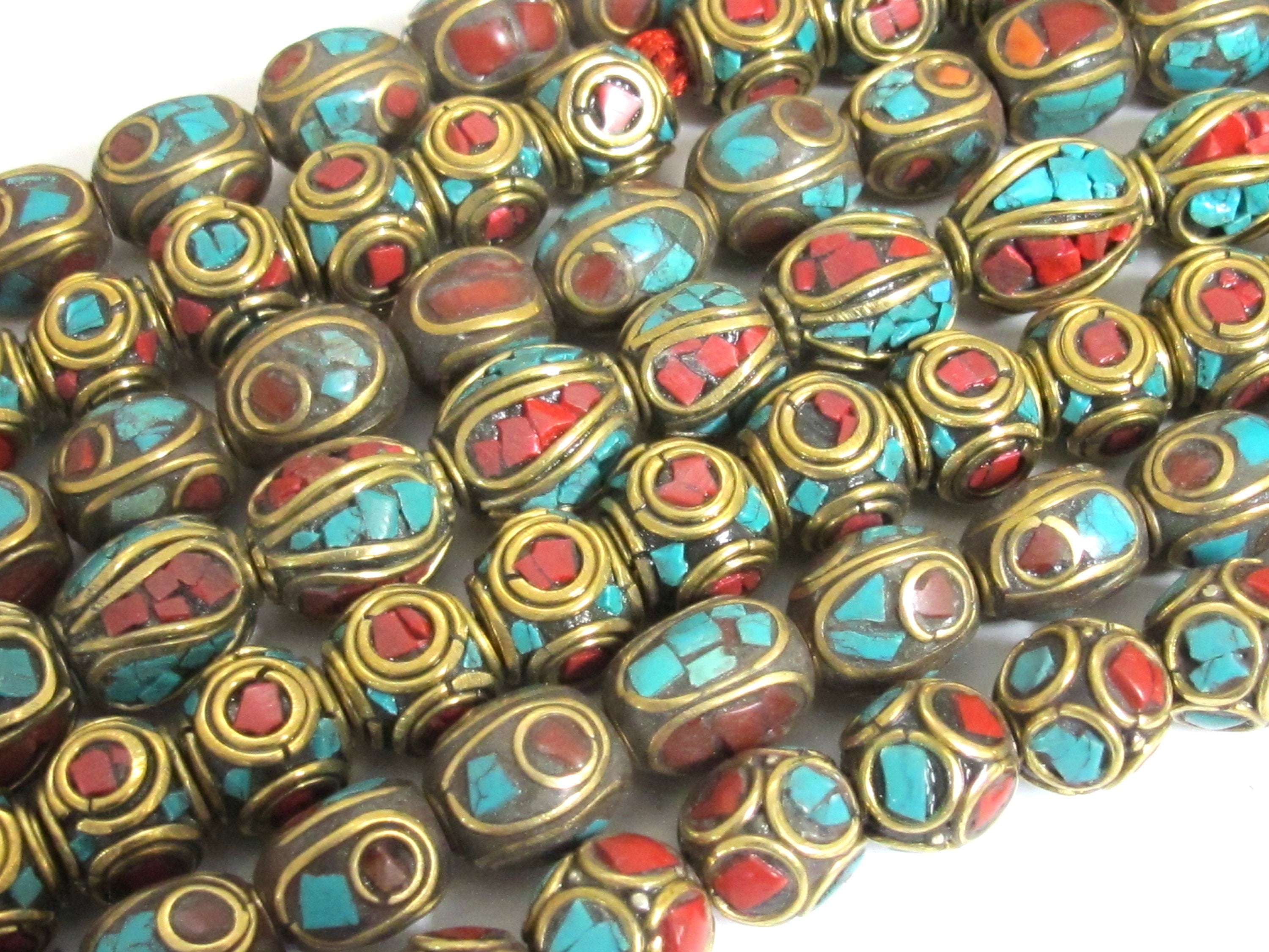 50 Beads - Tibetan beads wholesale bulk lot Mix variety Nepal beads inlaid metal beads turquoise jewelry supply Nepalbeadshop - BD00T1