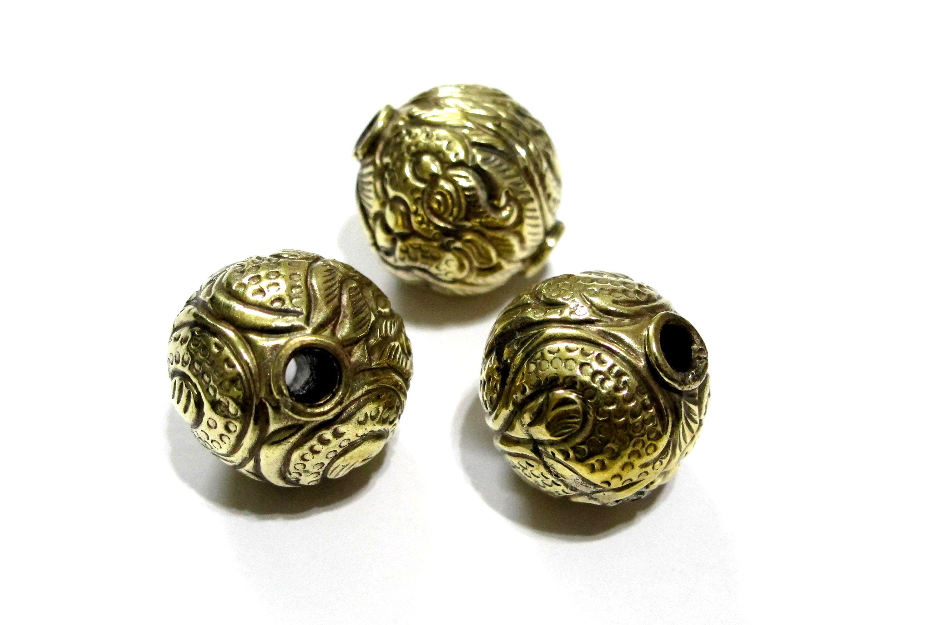 1 BEAD - Large Size 20 -21 mm Tibetan brass repousse floral dragon design beads - Antiqued Rustic finish Nepal brass beads BD358