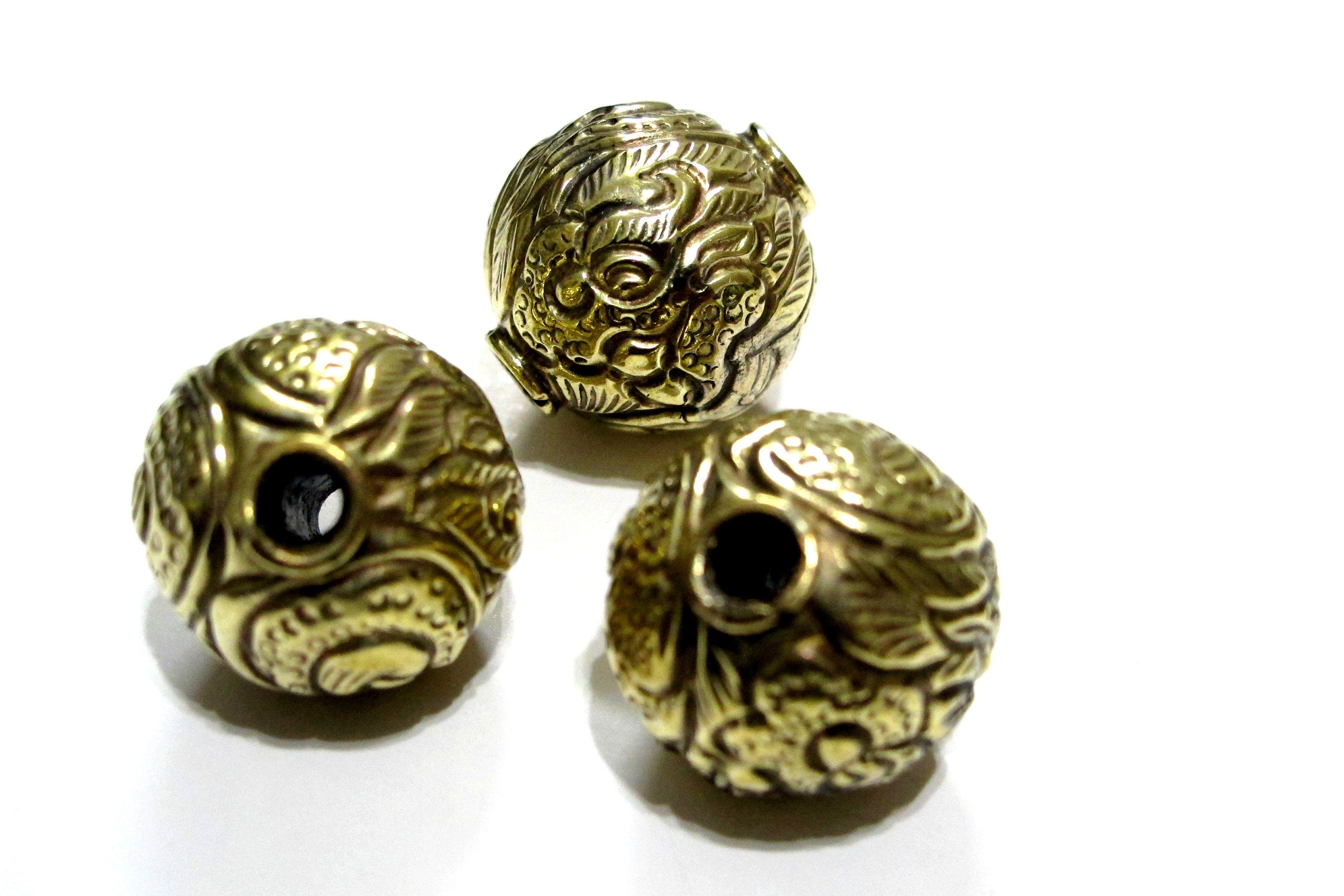 1 BEAD - Large Size 20 -21 mm Tibetan brass repousse floral dragon design beads - Antiqued Rustic finish Nepal brass beads BD358