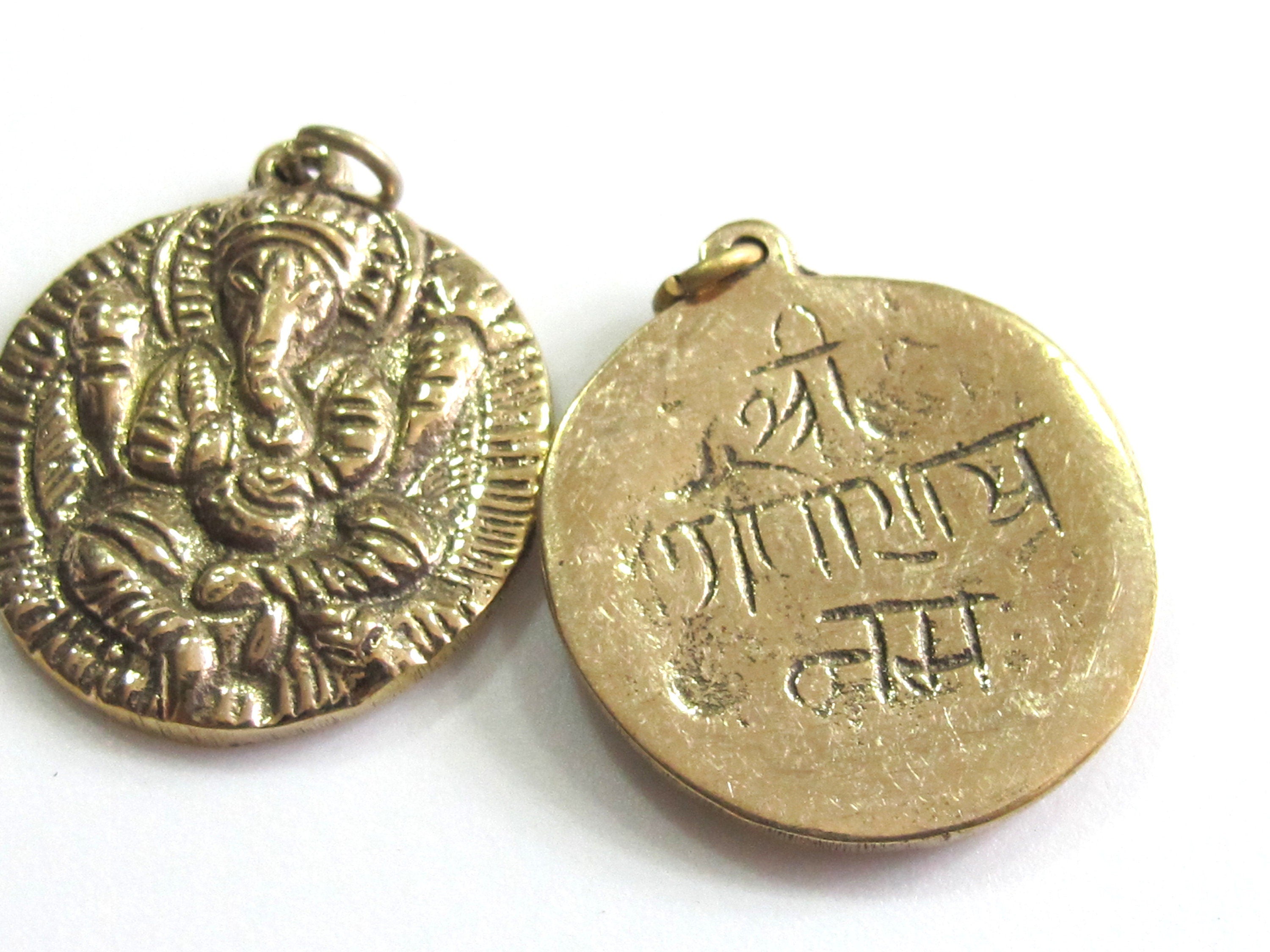1 Pendant - Shree Ganesha brass pendant with reverse side inscribed prayer shree ganeshay namah - CP095 - Copyright Nepalbeadshop