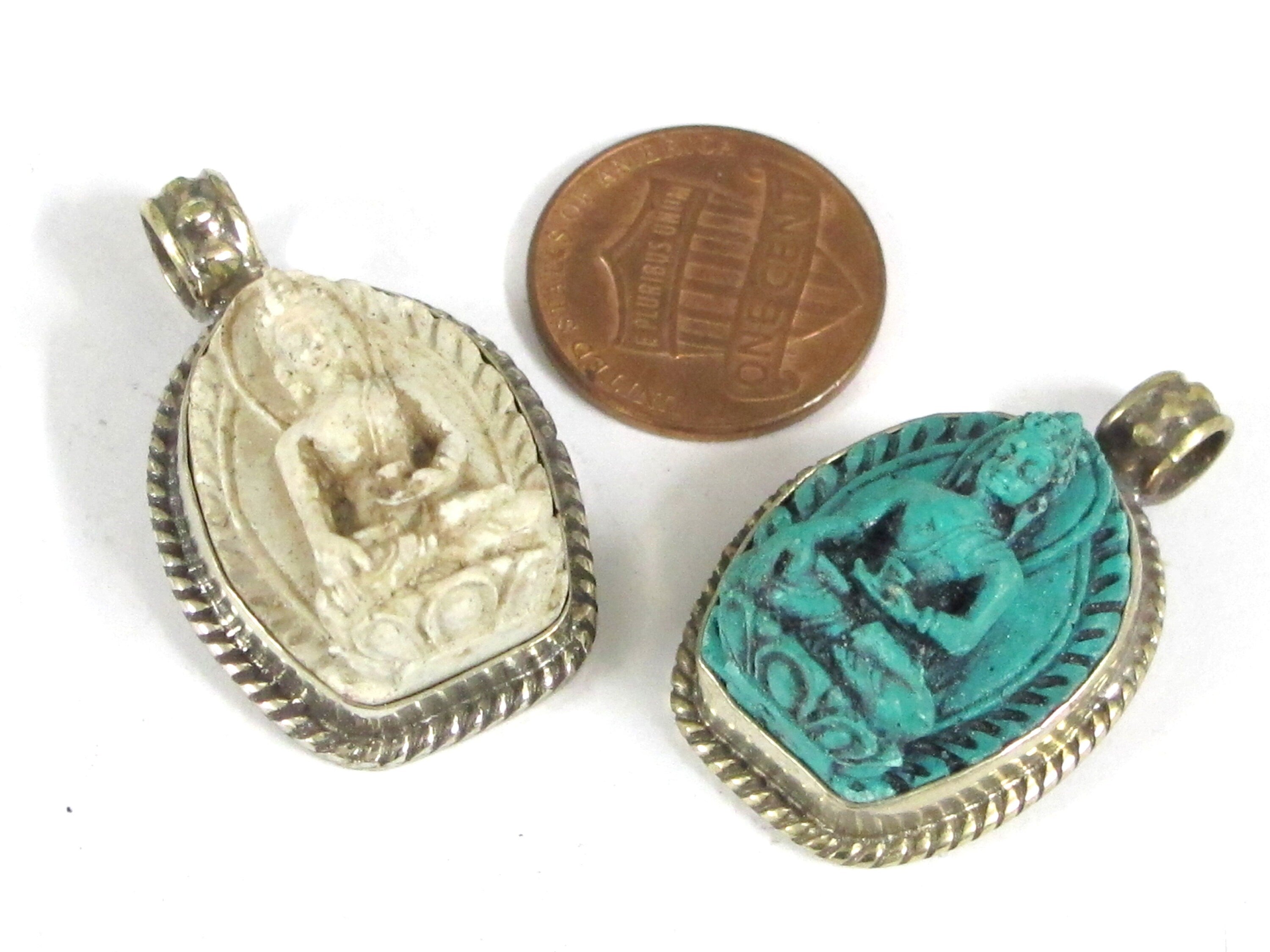2 pendants - Small size White color green color Tibetan Buddha pendants from Nepal - PS005E