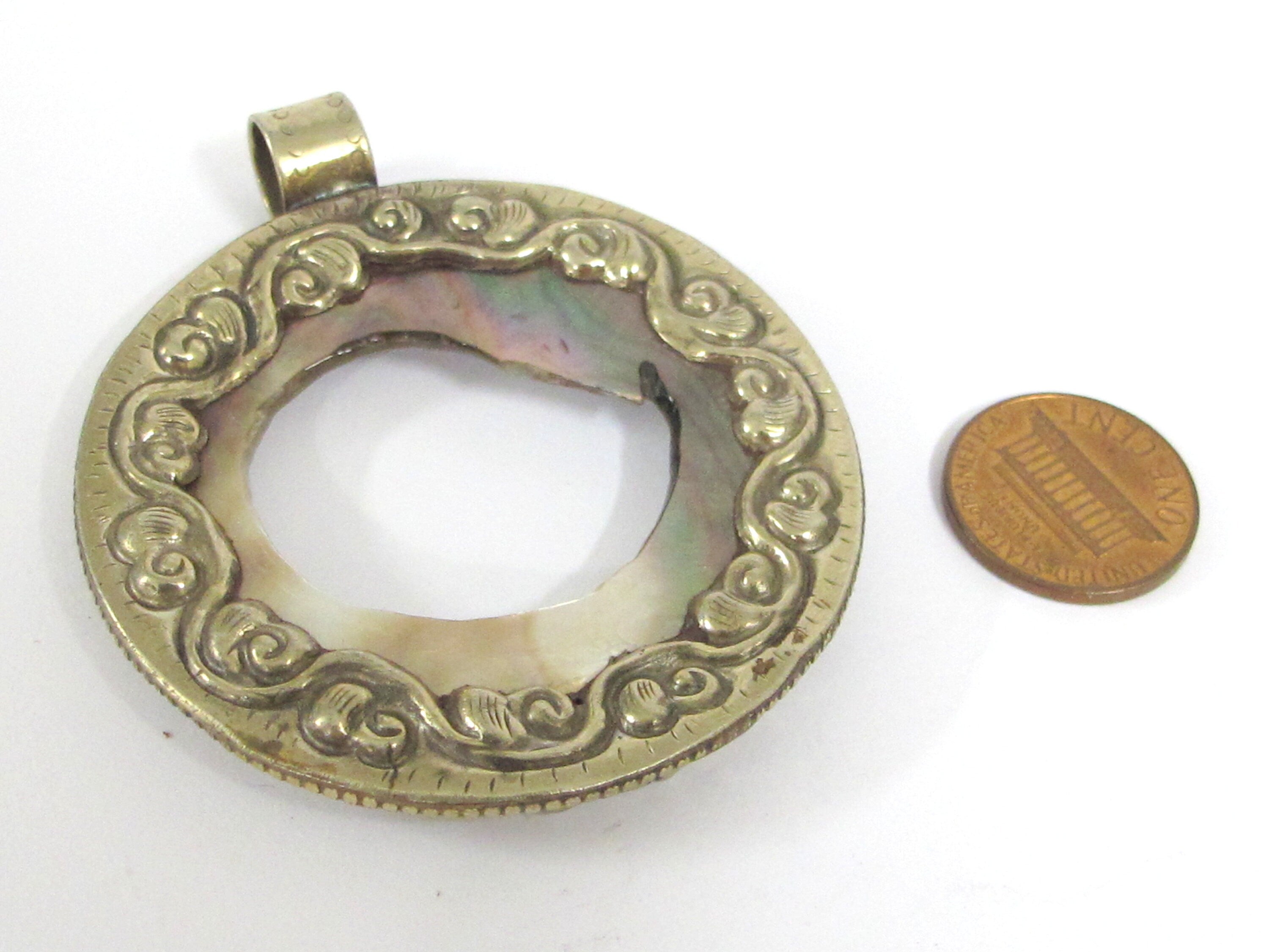 Unique OOAK Tibetan Nepal pendant round oval shape cut mother of pearl shell pendant with flower filigree on pendant frame - PM169C