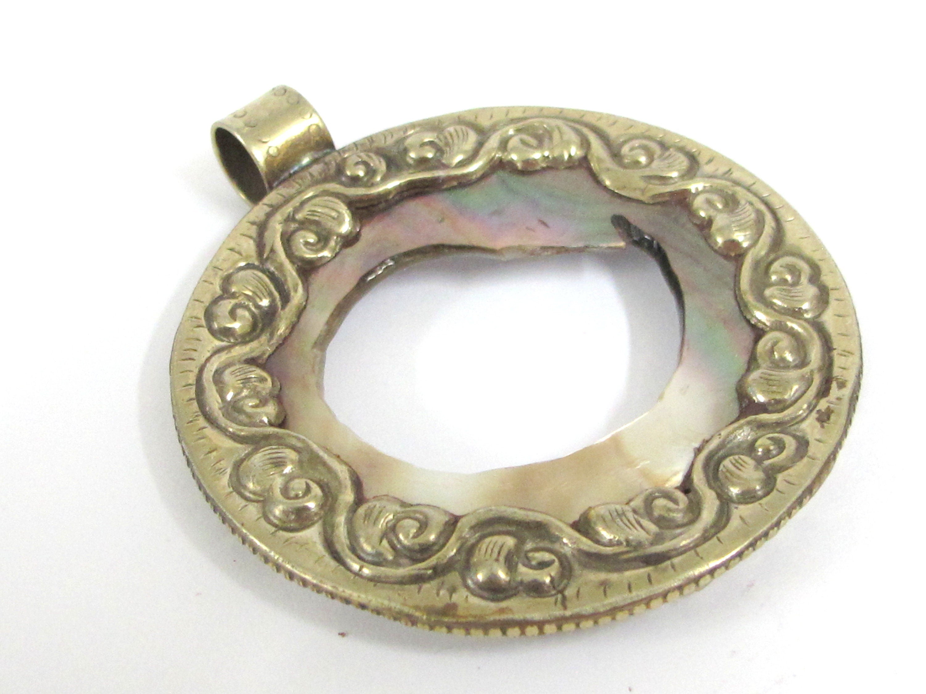 Unique OOAK Tibetan Nepal pendant round oval shape cut mother of pearl shell pendant with flower filigree on pendant frame - PM169C