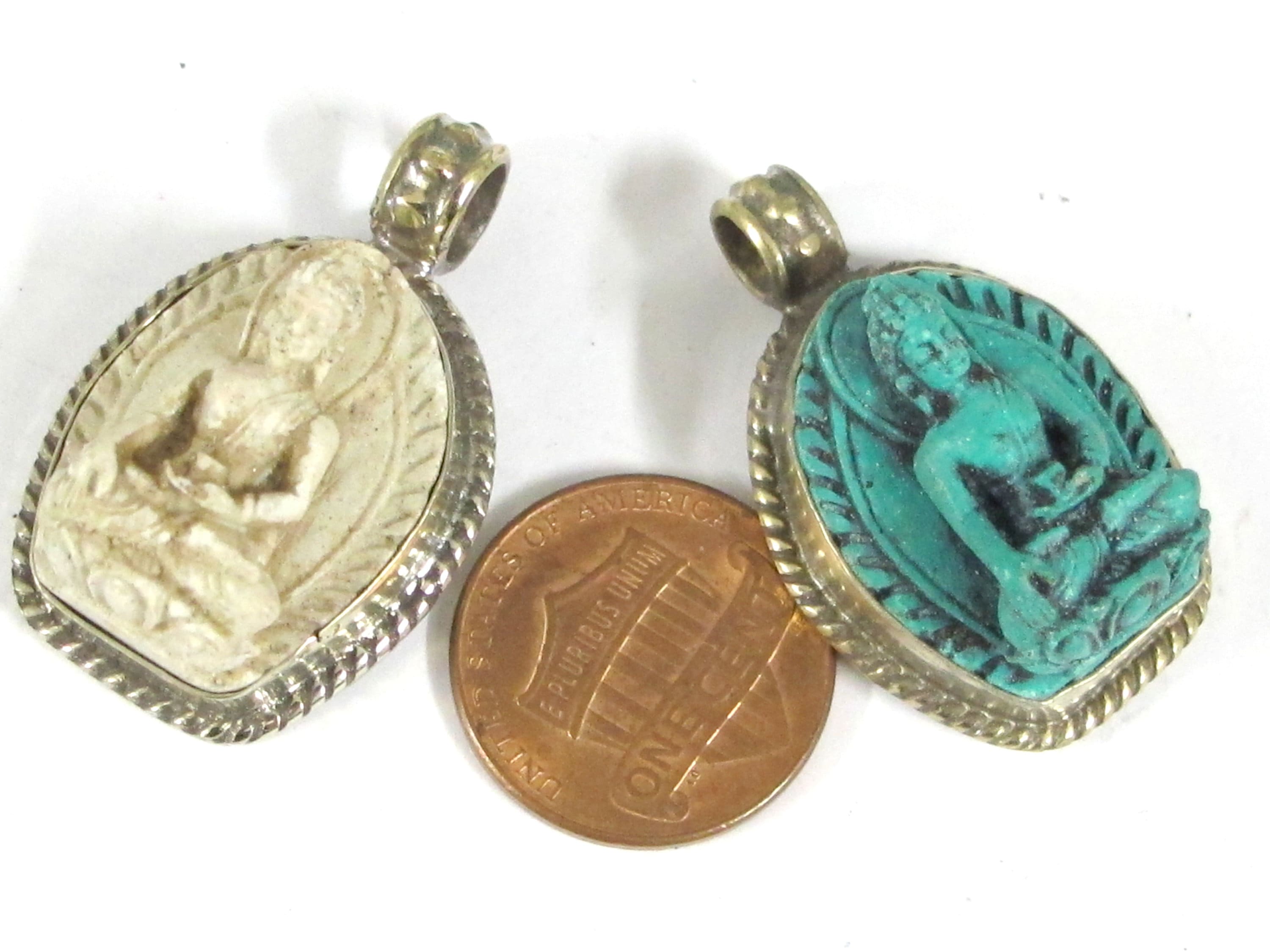 2 pendants - Small size White color green color Tibetan Buddha pendants from Nepal - PS005E