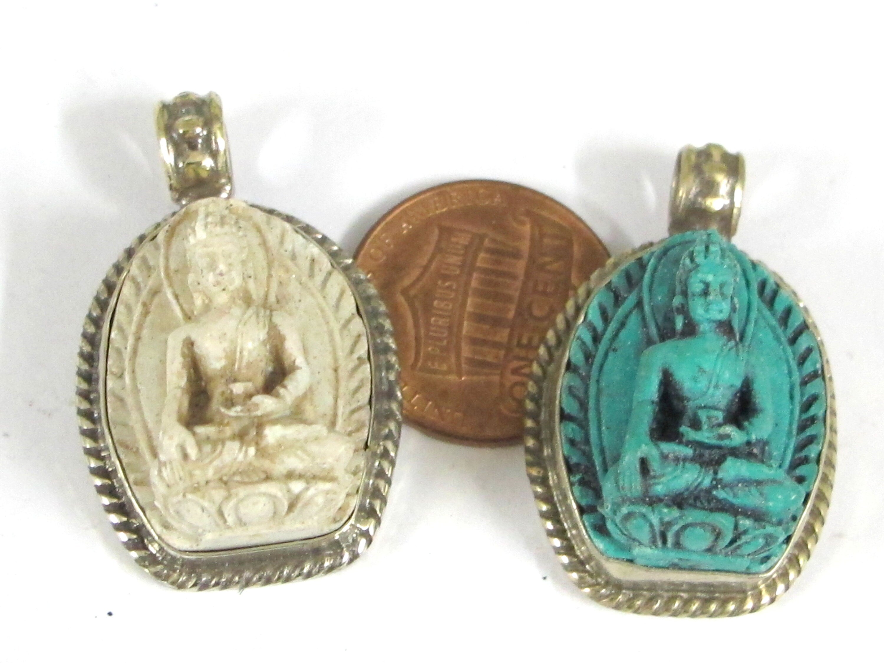 2 pendants - Small size White color green color Tibetan Buddha pendants from Nepal - PS005E