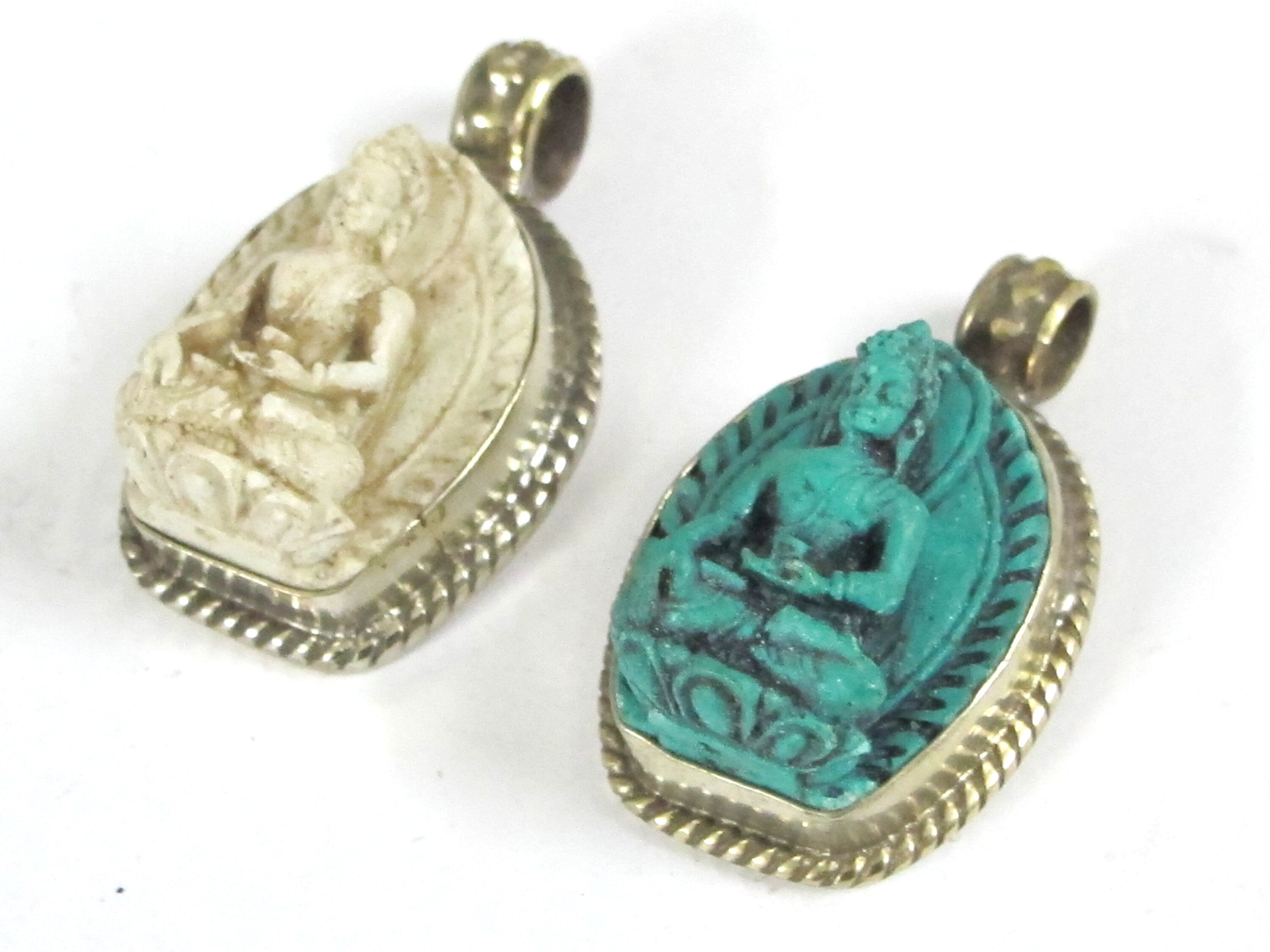 2 pendants - Small size White color green color Tibetan Buddha pendants from Nepal - PS005E