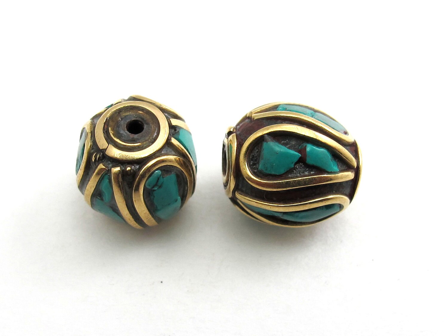 Drum shape brass beads with turquoise inlay from Nepal - 2 beads - BD069