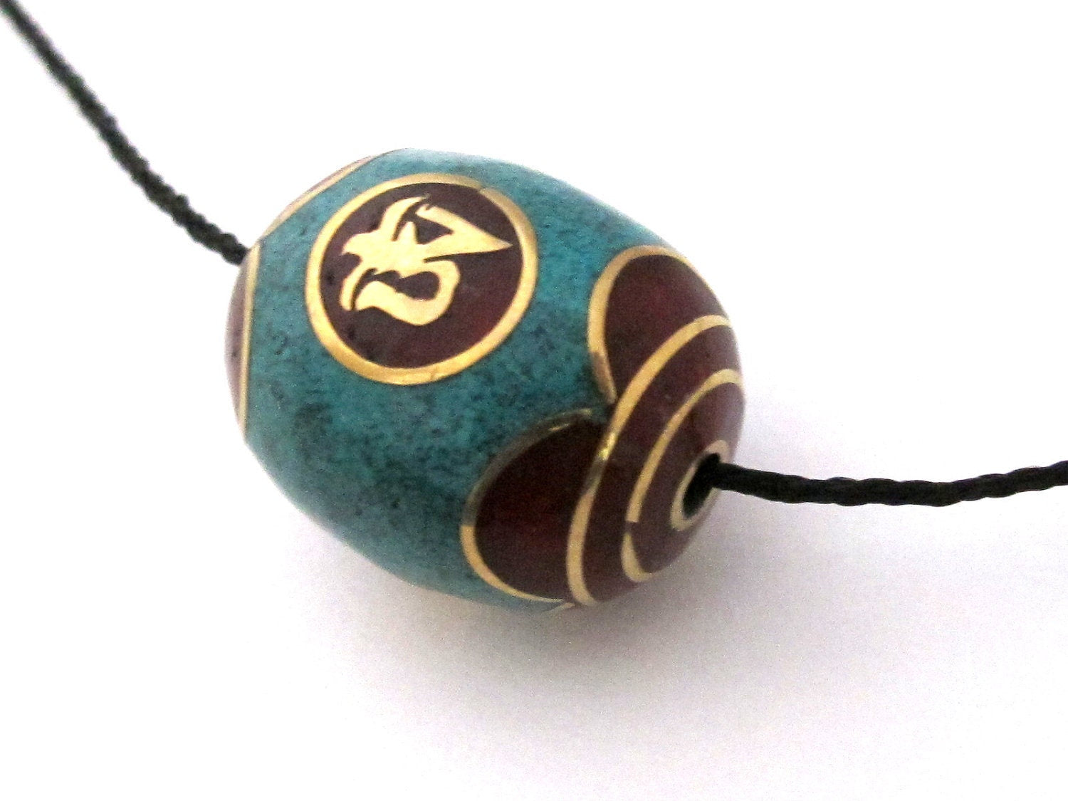 1 Bead - Tibetan om and six syllable prayer om mani padme hum bead with turquoise coral inlay - Nepal Beads - BD102