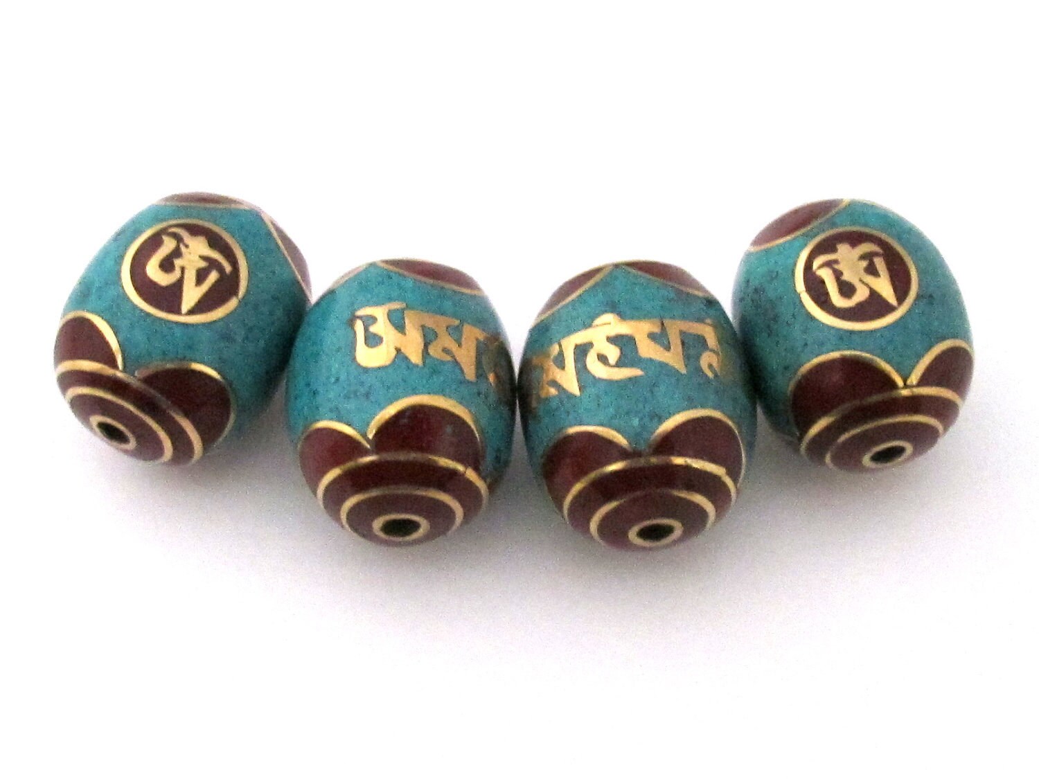 1 Bead - Tibetan om and six syllable prayer om mani padme hum bead with turquoise coral inlay - Nepal Beads - BD102