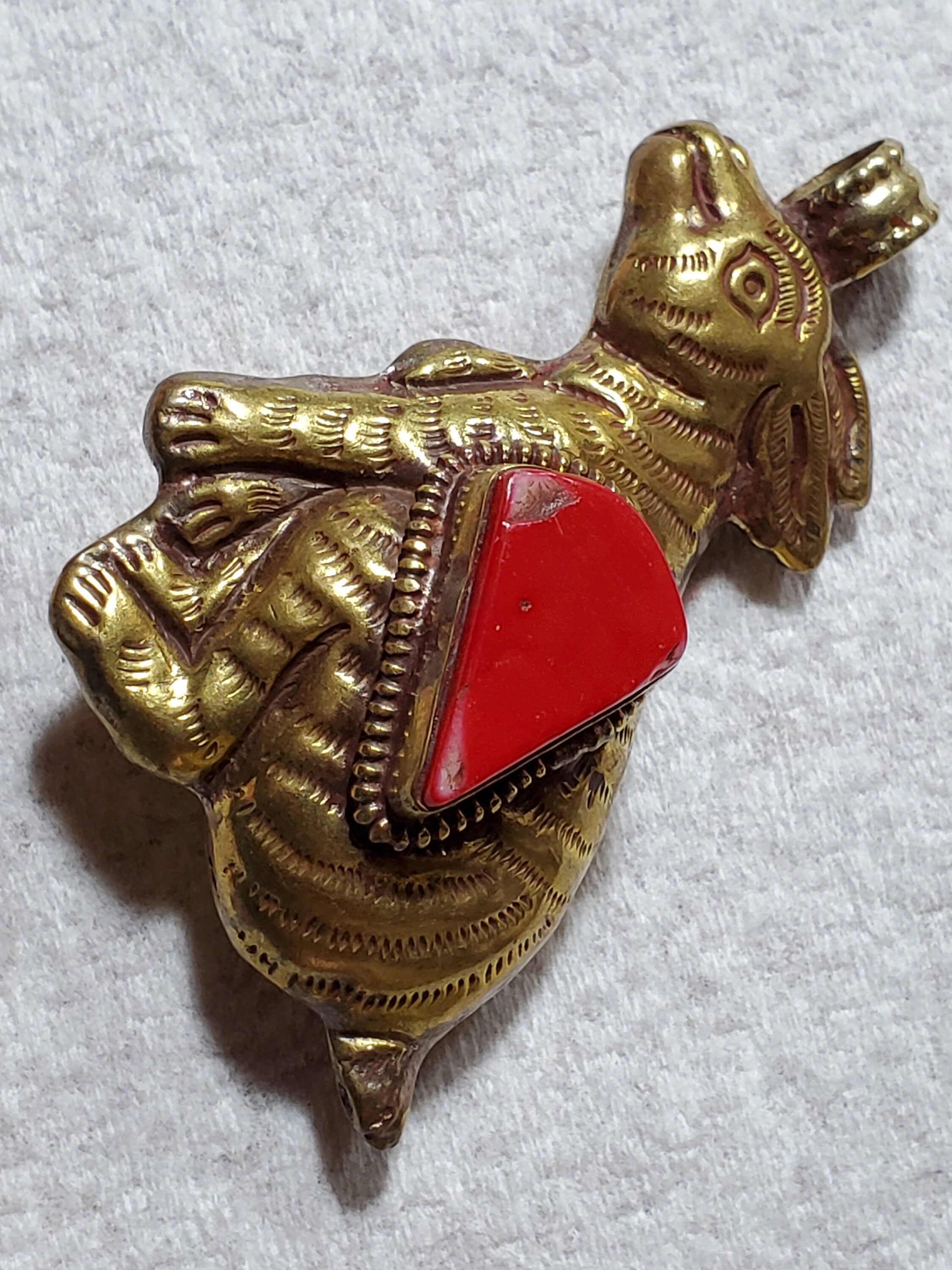 OOAK as is- Large Tibetan brass kangaroo animal pendant coral inlaid Nepal - PM438L