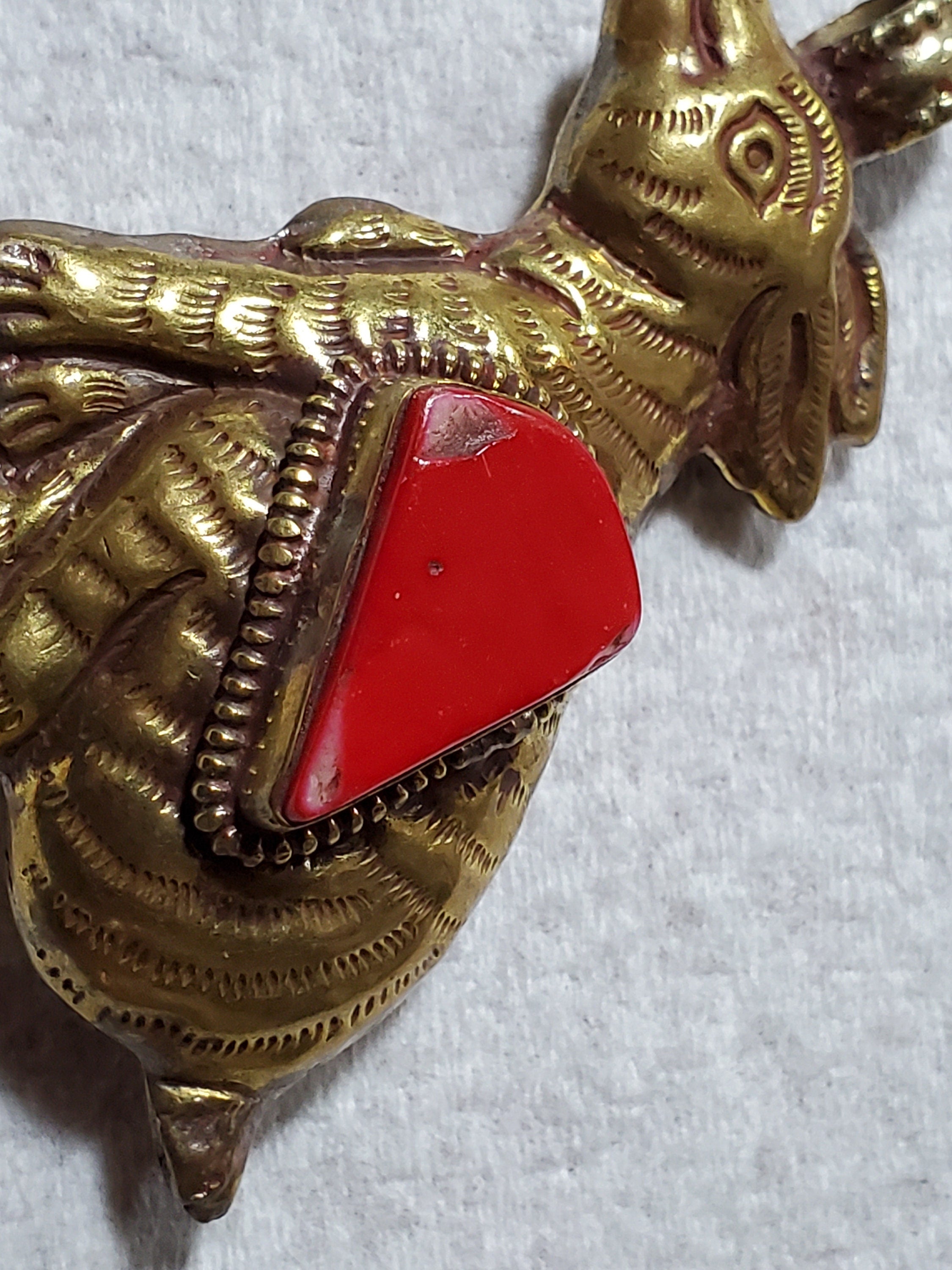 OOAK as is- Large Tibetan brass kangaroo animal pendant coral inlaid Nepal - PM438L
