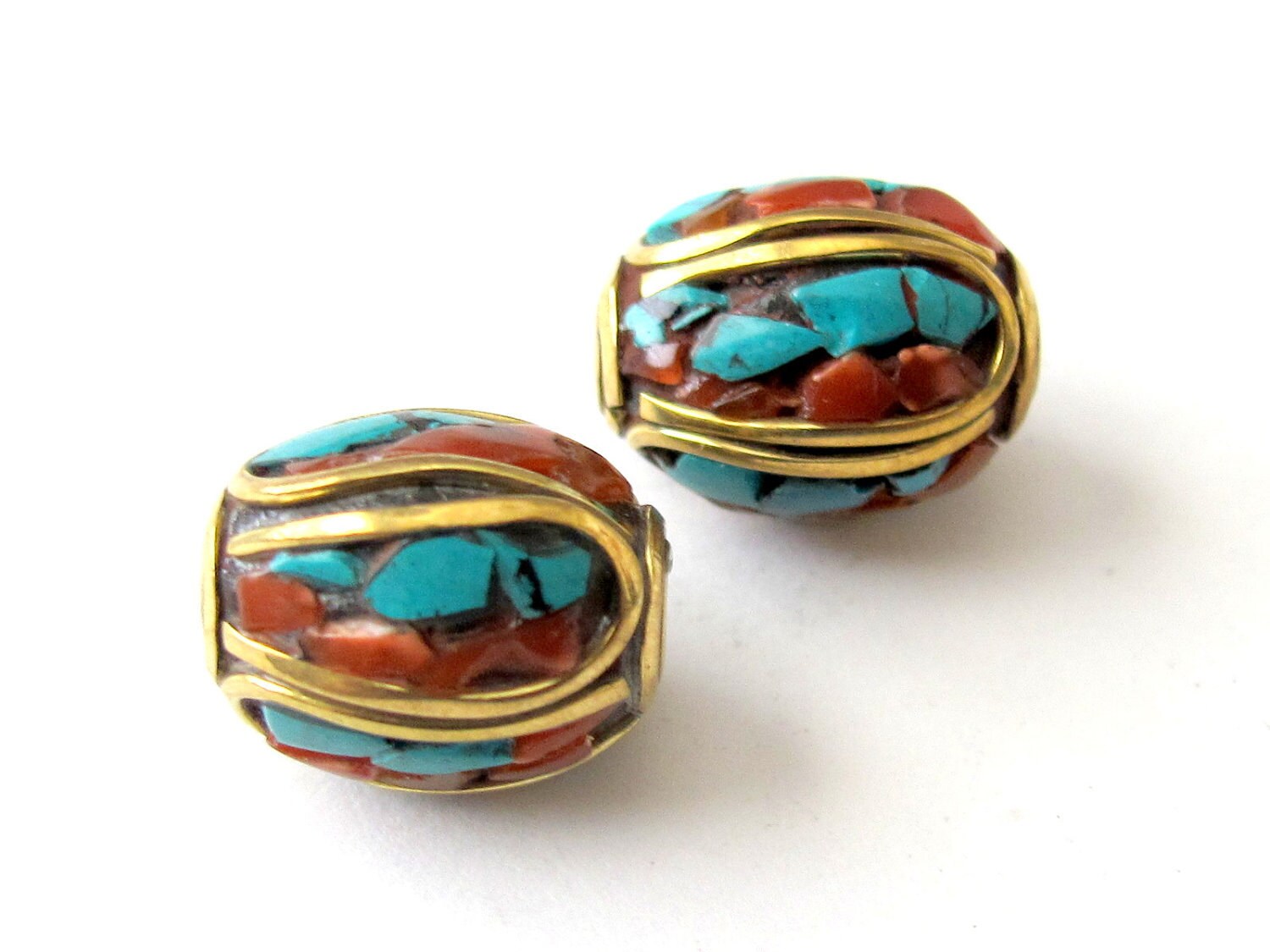 Tibetan beads with turquoise inlay - 2 beads -BD005