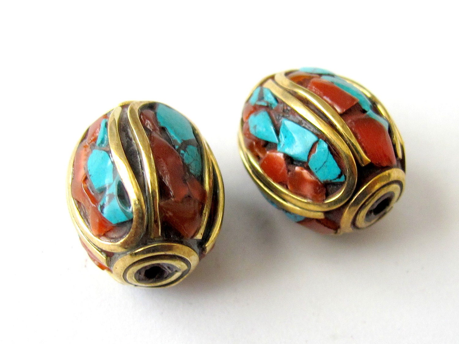 Tibetan beads with turquoise inlay - 2 beads -BD005