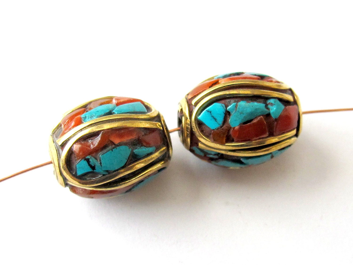 Tibetan beads with turquoise inlay - 2 beads -BD005