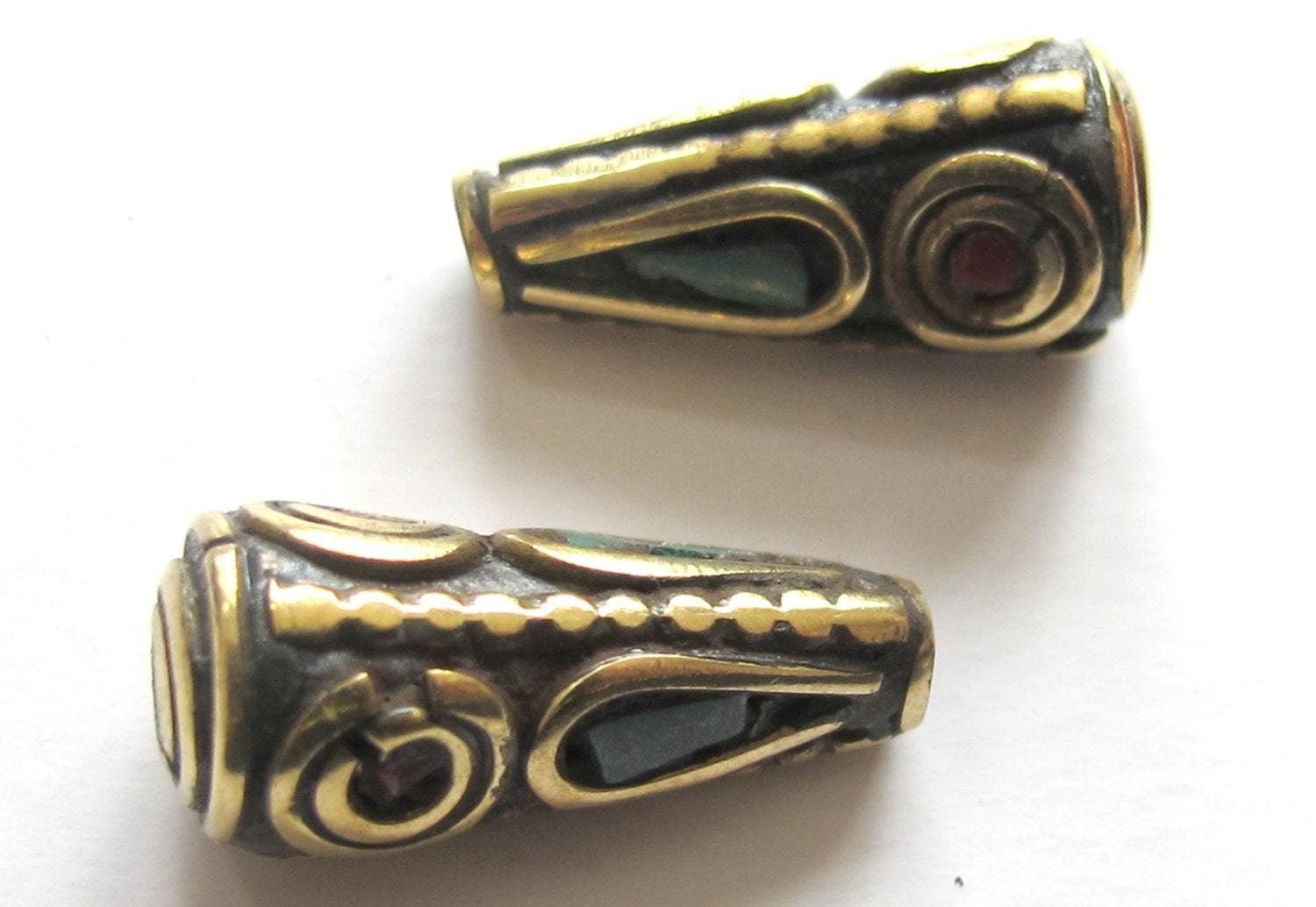 2 Beads - Tibetan cone shape brass beads with turquoise inlay - BD477