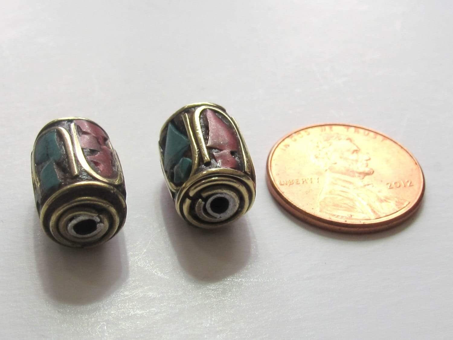 2 BEADS Tibetan barrel tube shape brass beads with turquoise inlay - BD478
