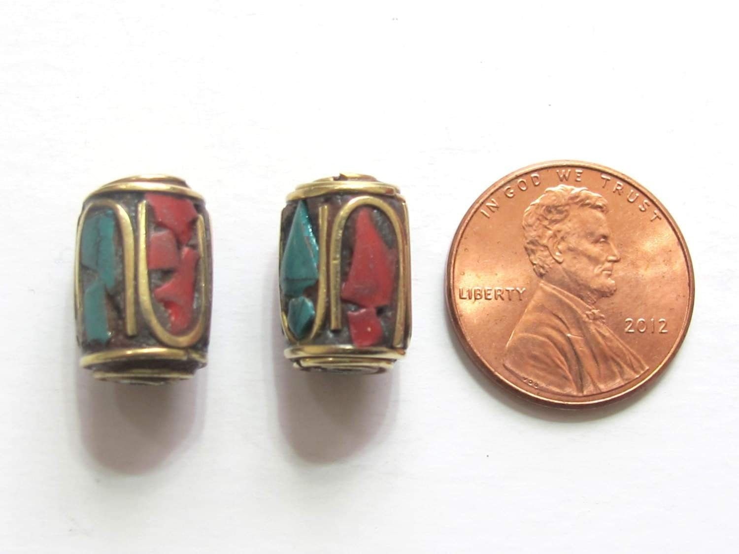 2 BEADS Tibetan barrel tube shape brass beads with turquoise inlay - BD478