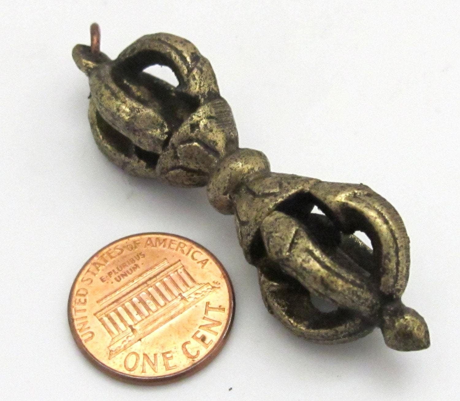 Long heavy Tibetan dorje solid brass pendant antiqued finish from Nepal - CP064