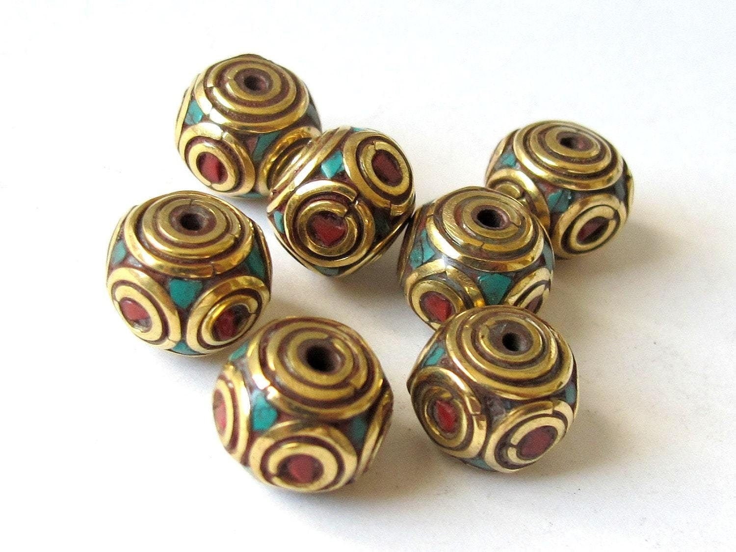 Nepalese Brass cube beads with turquoise coral circles - 2 beads - BD092