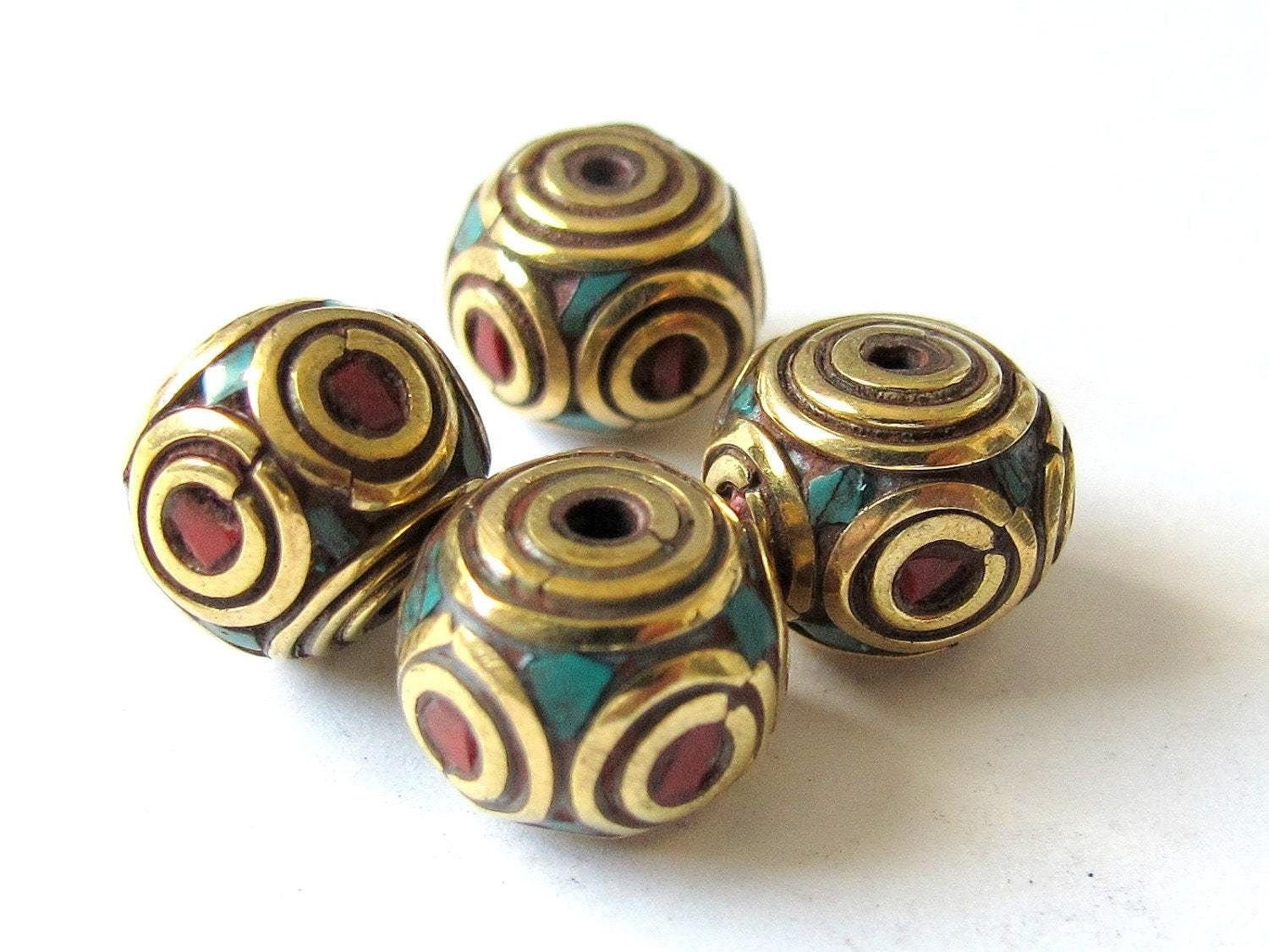Nepalese Brass cube beads with turquoise coral circles - 2 beads - BD092