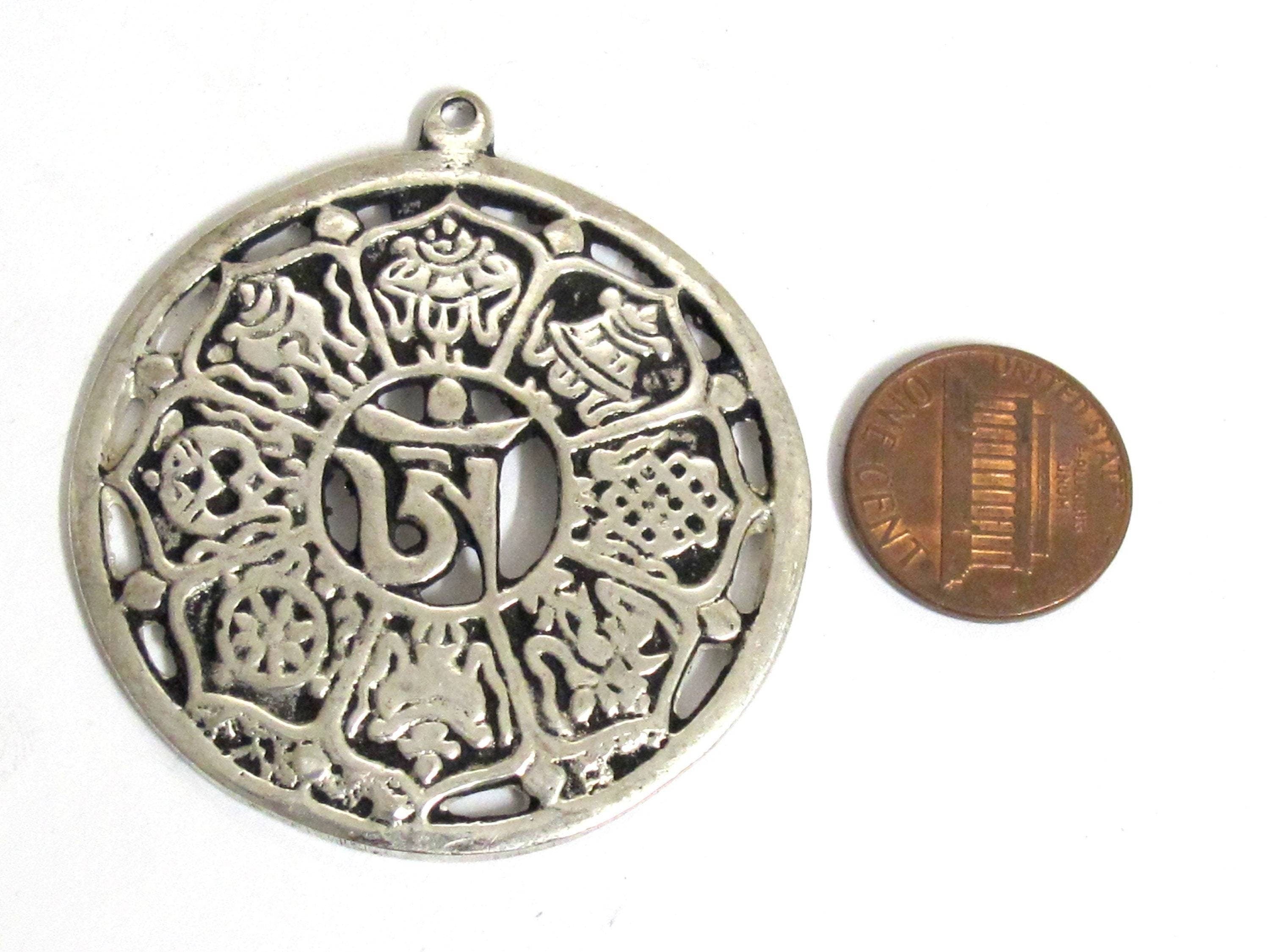 Tibetan ashtamangala auspicious symbols Om pendant Tibetan pendant antiqued silver finish ethnic Nepal supplies- CP060K
