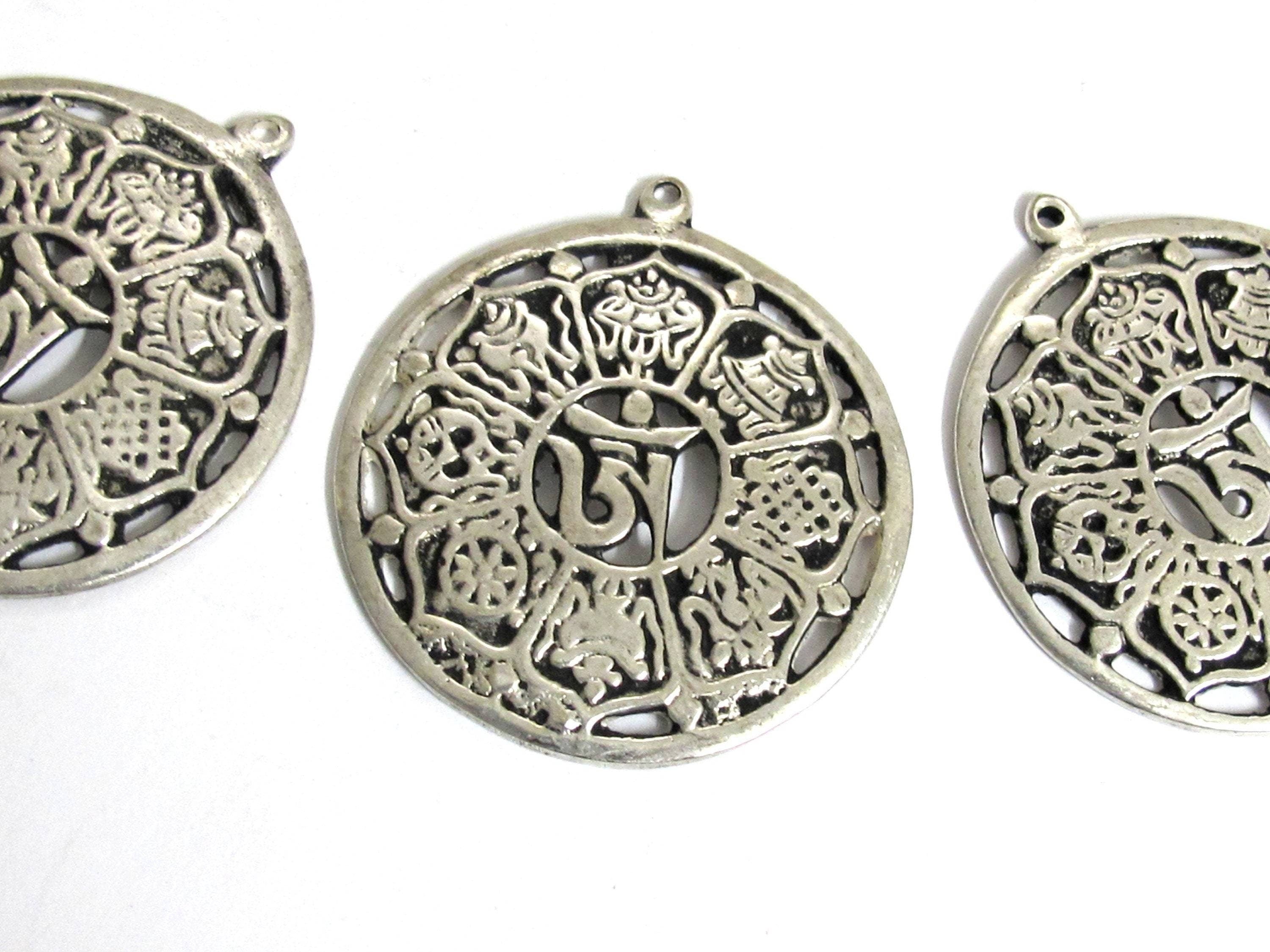 Tibetan ashtamangala auspicious symbols Om pendant Tibetan pendant antiqued silver finish ethnic Nepal supplies- CP060K
