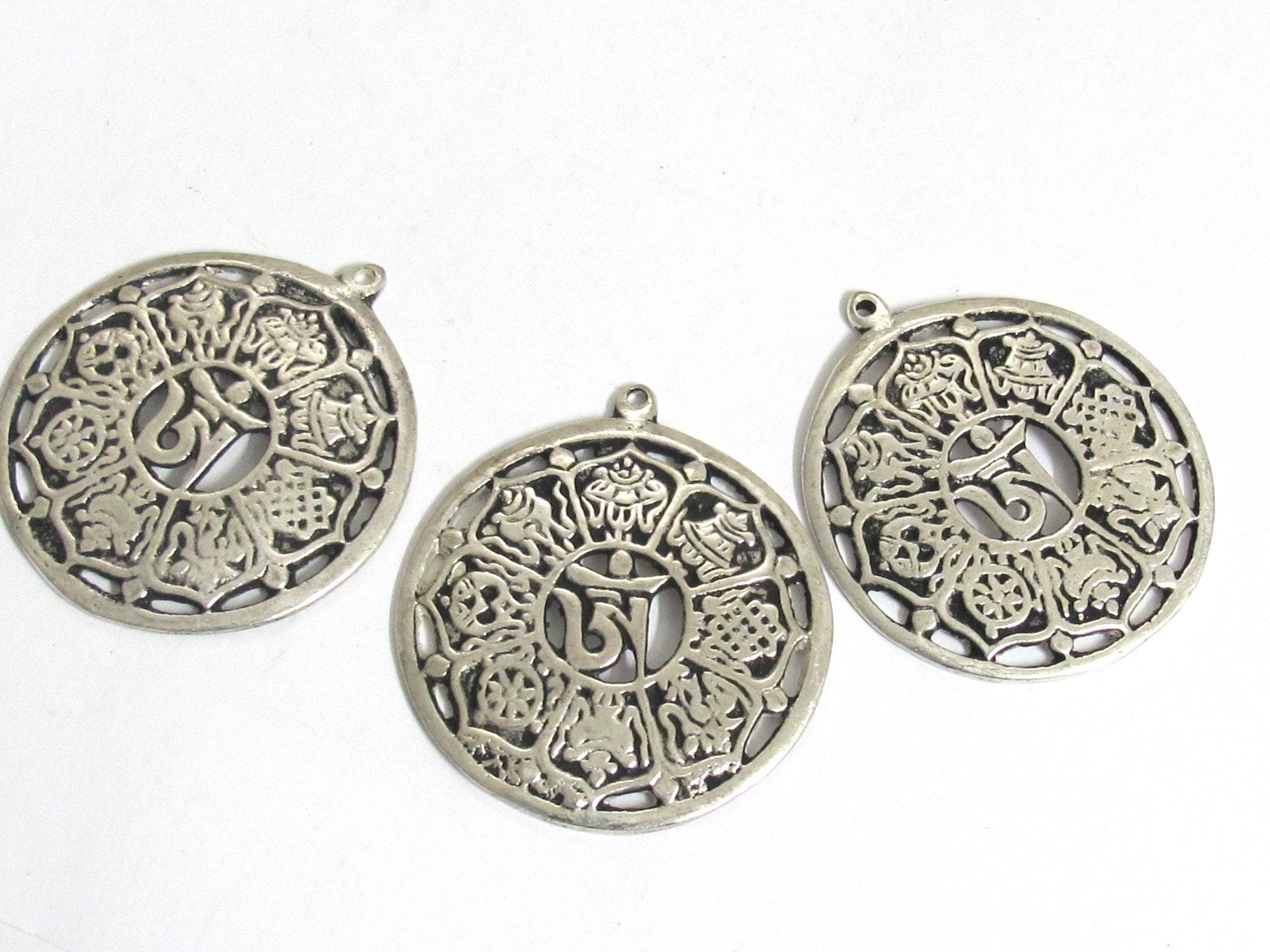 Tibetan ashtamangala auspicious symbols Om pendant Tibetan pendant antiqued silver finish ethnic Nepal supplies- CP060K