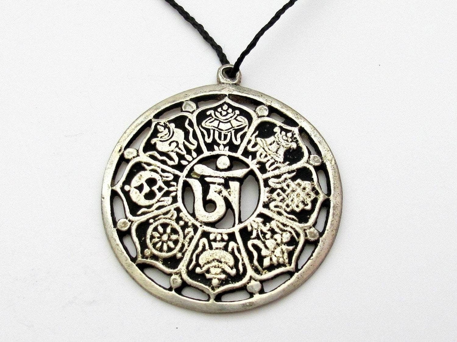 Tibetan ashtamangala auspicious symbols Om pendant Tibetan pendant antiqued silver finish ethnic Nepal supplies- CP060K