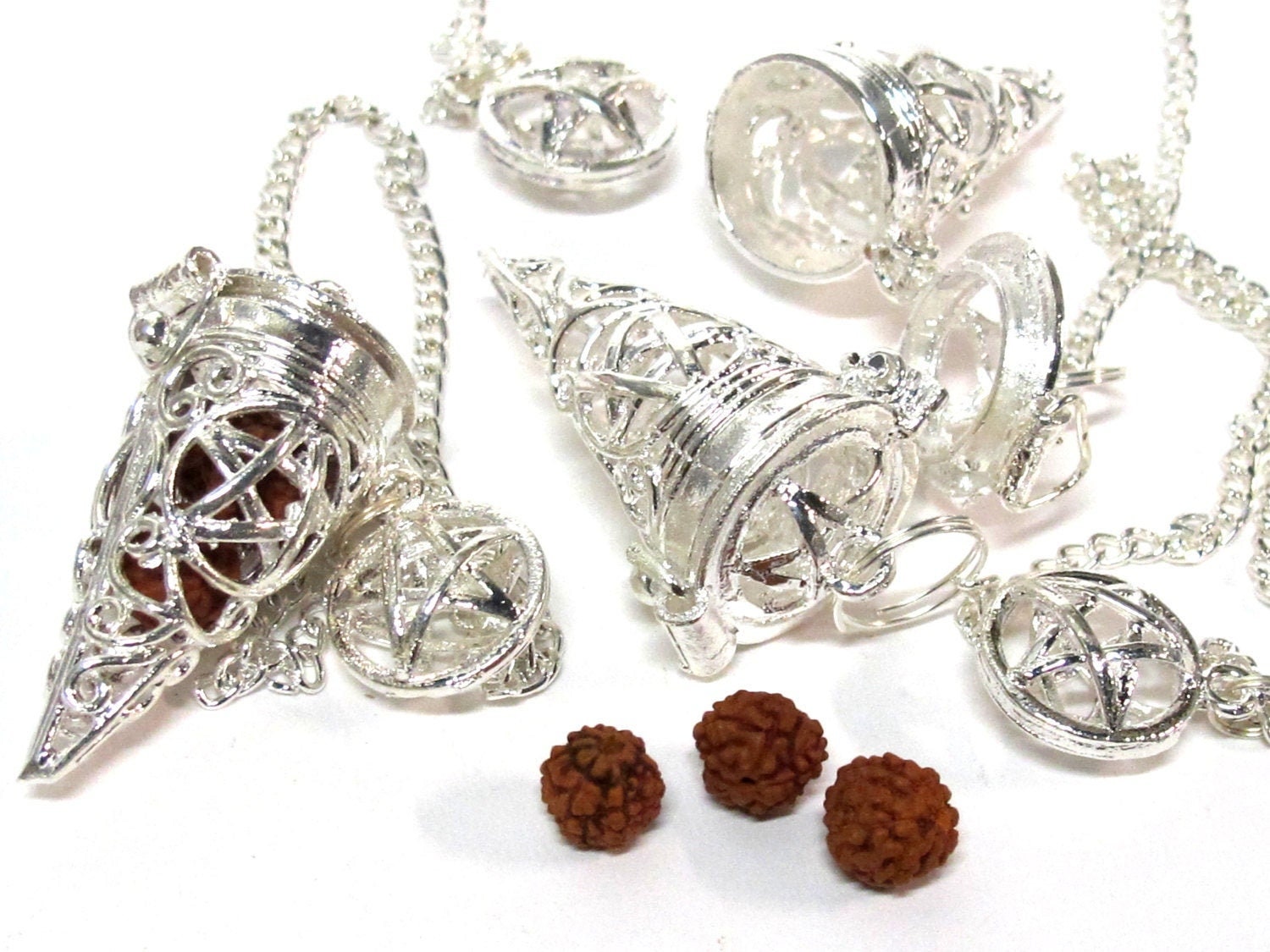 1 pendant - Tibetan silver pentacle star cage pendant with 3 rudraksha beads - PM545