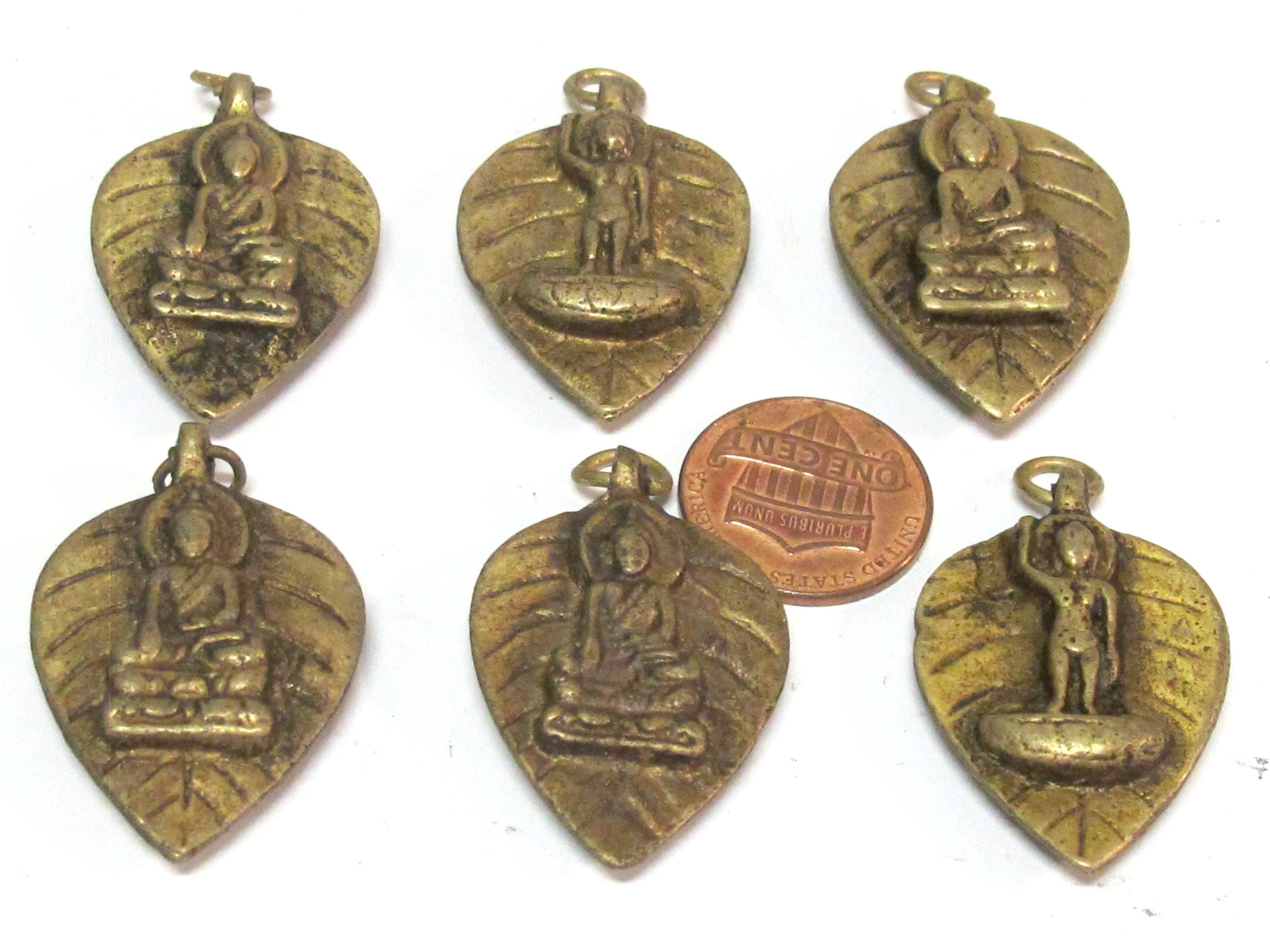 Reversible bodhi leaf shape standing Buddha and seated buddha Brass pendant from Nepal - CP068B