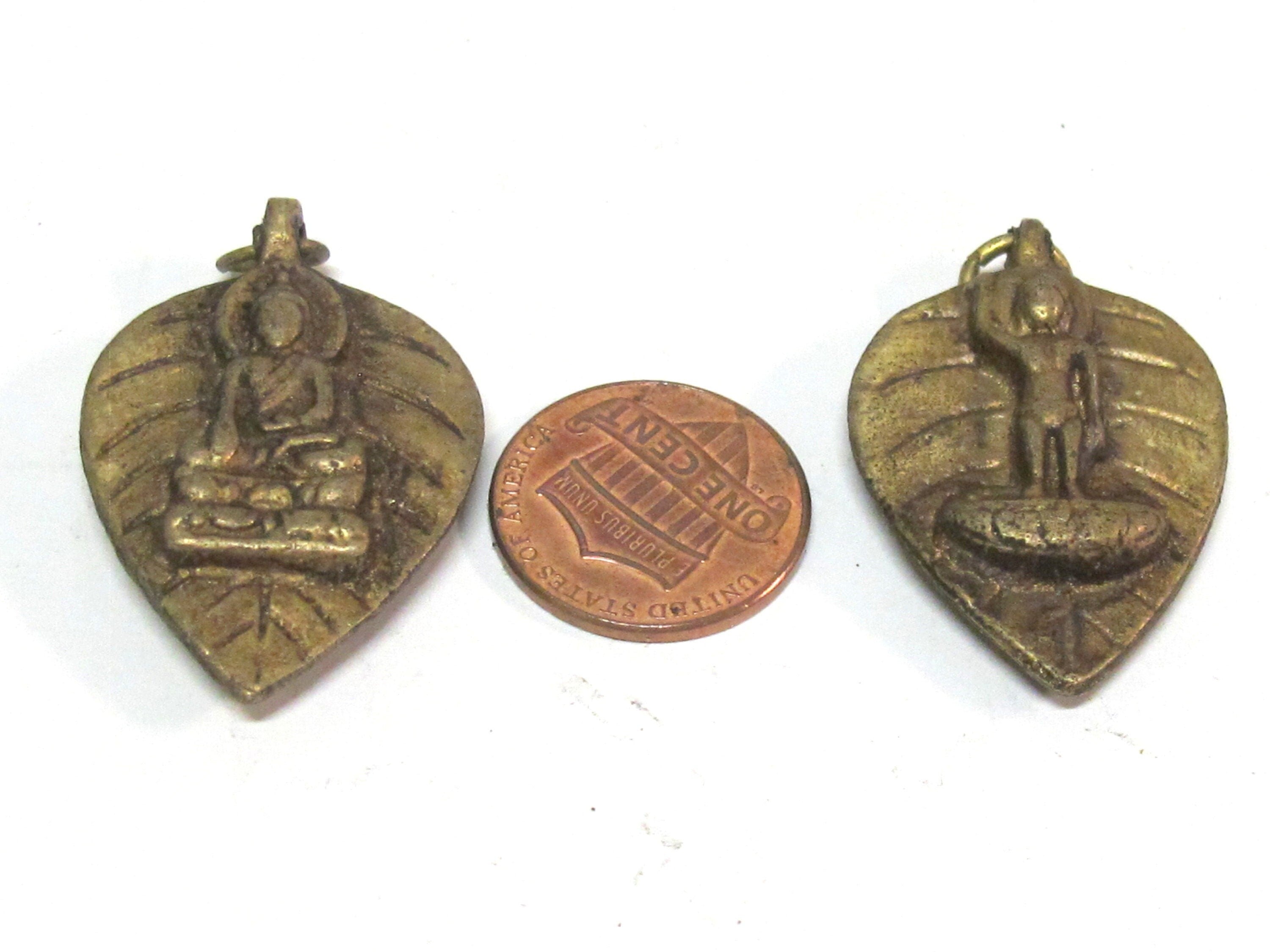 Reversible bodhi leaf shape standing Buddha and seated buddha Brass pendant from Nepal - CP068B