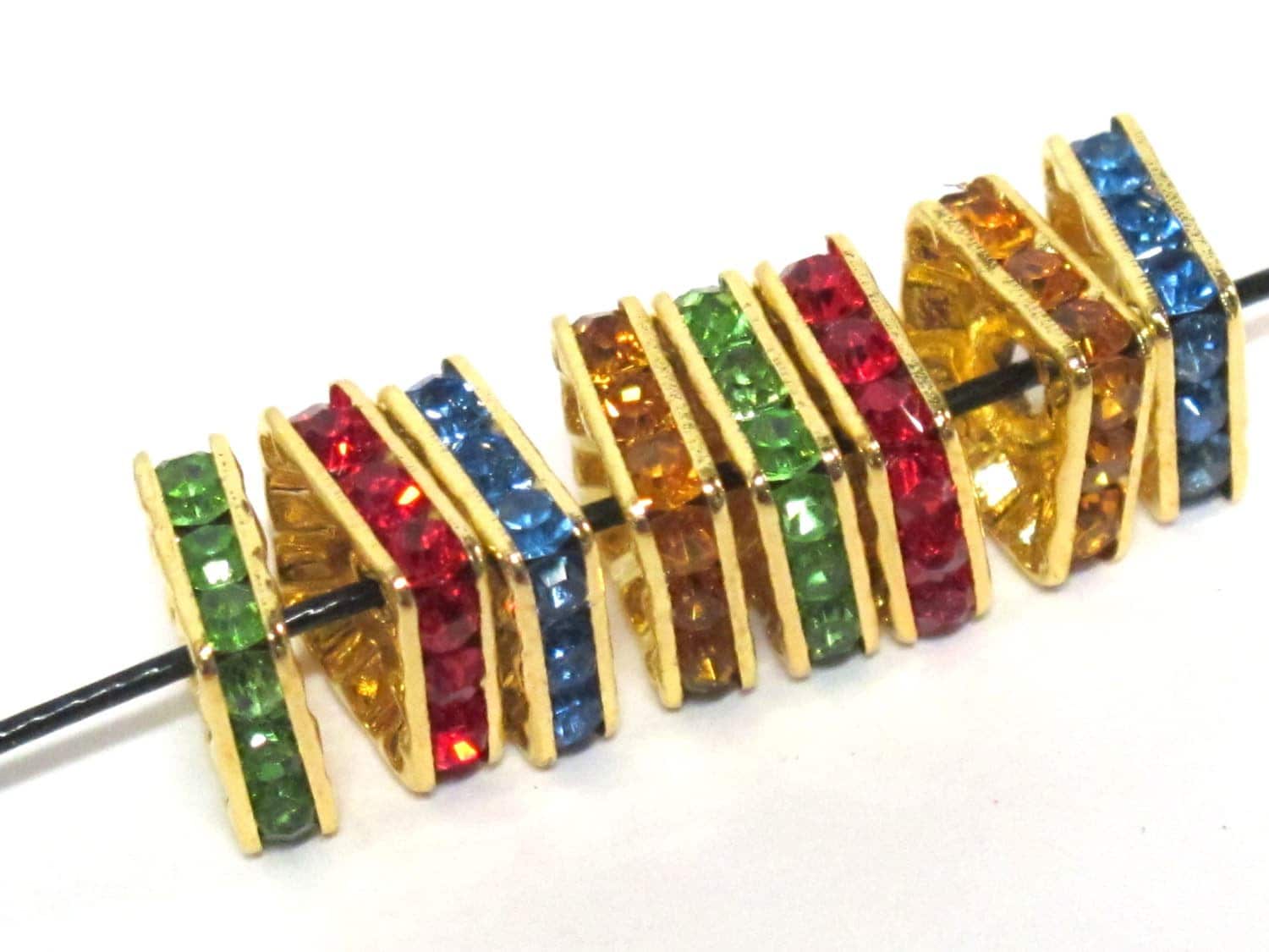 8 Beads - Sparkly bling crystal rhinestone inlaid gold color square brass frame beads - 10 mm size - BD947