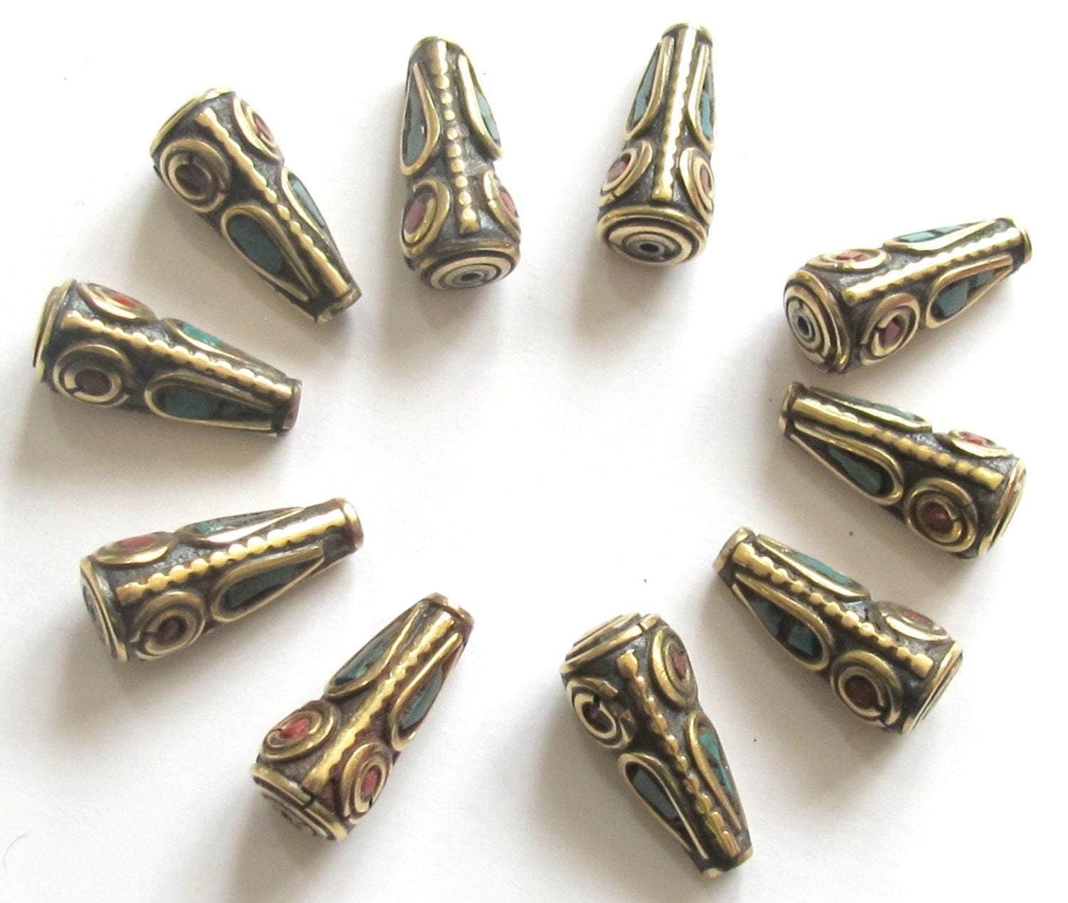 2 Beads - Tibetan cone shape brass beads with turquoise inlay - BD477