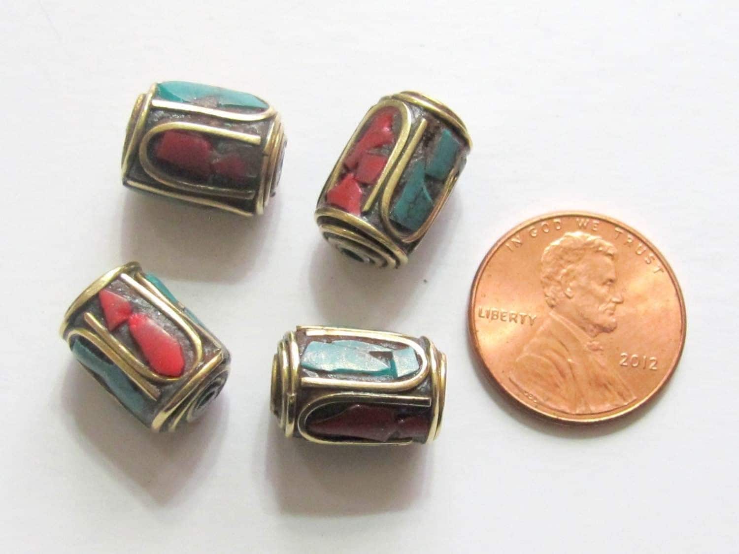 2 BEADS Tibetan barrel tube shape brass beads with turquoise inlay - BD478