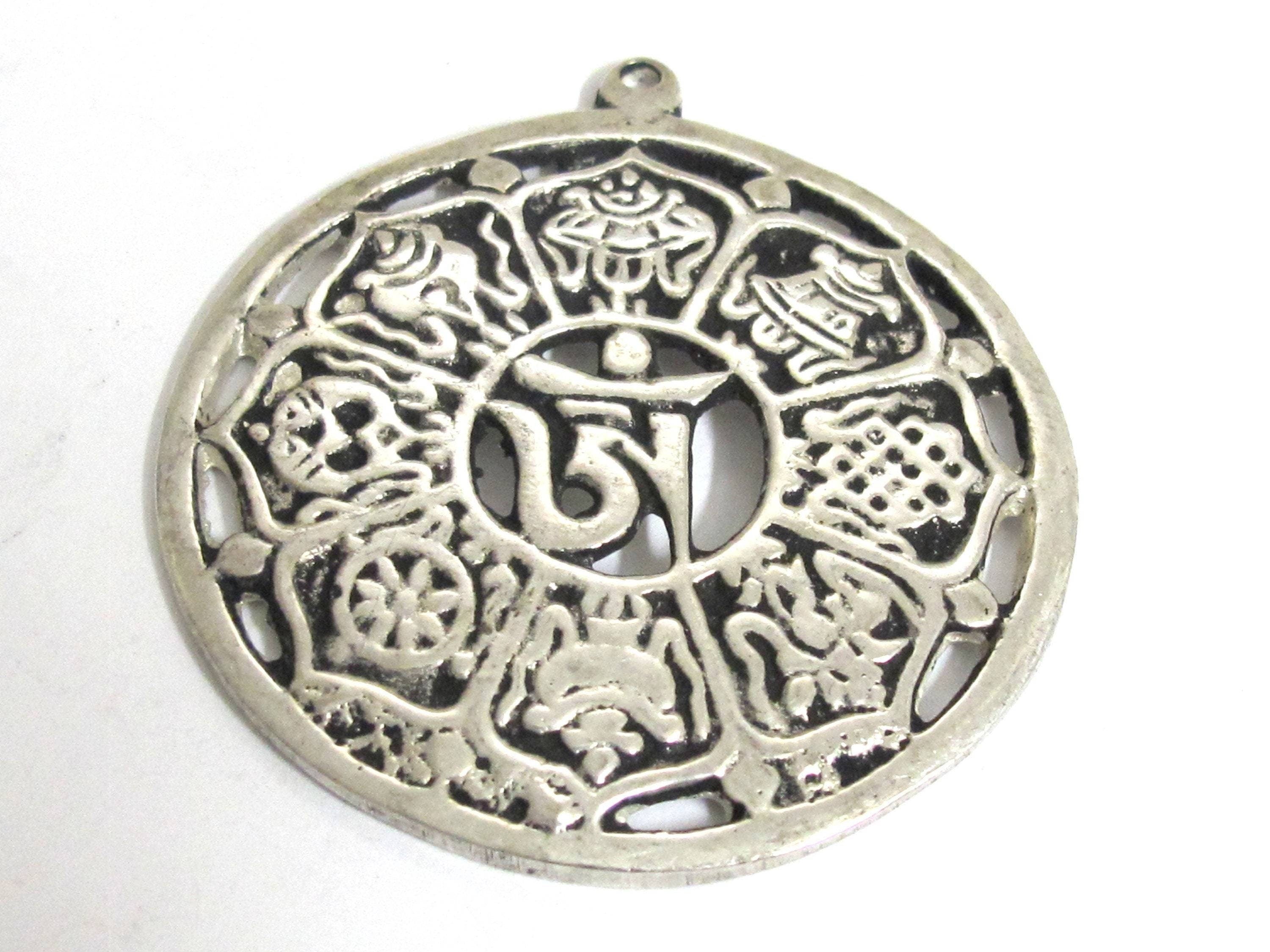Tibetan ashtamangala auspicious symbols Om pendant Tibetan pendant antiqued silver finish ethnic Nepal supplies- CP060K