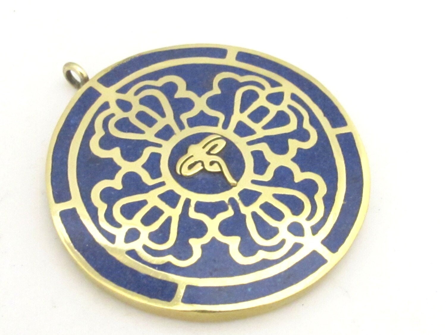 1 Pendant - Reversible solid brass Tibetan calendar pendant with Buddha eye and double dorje design inlaid with lapis inlay-- PM312