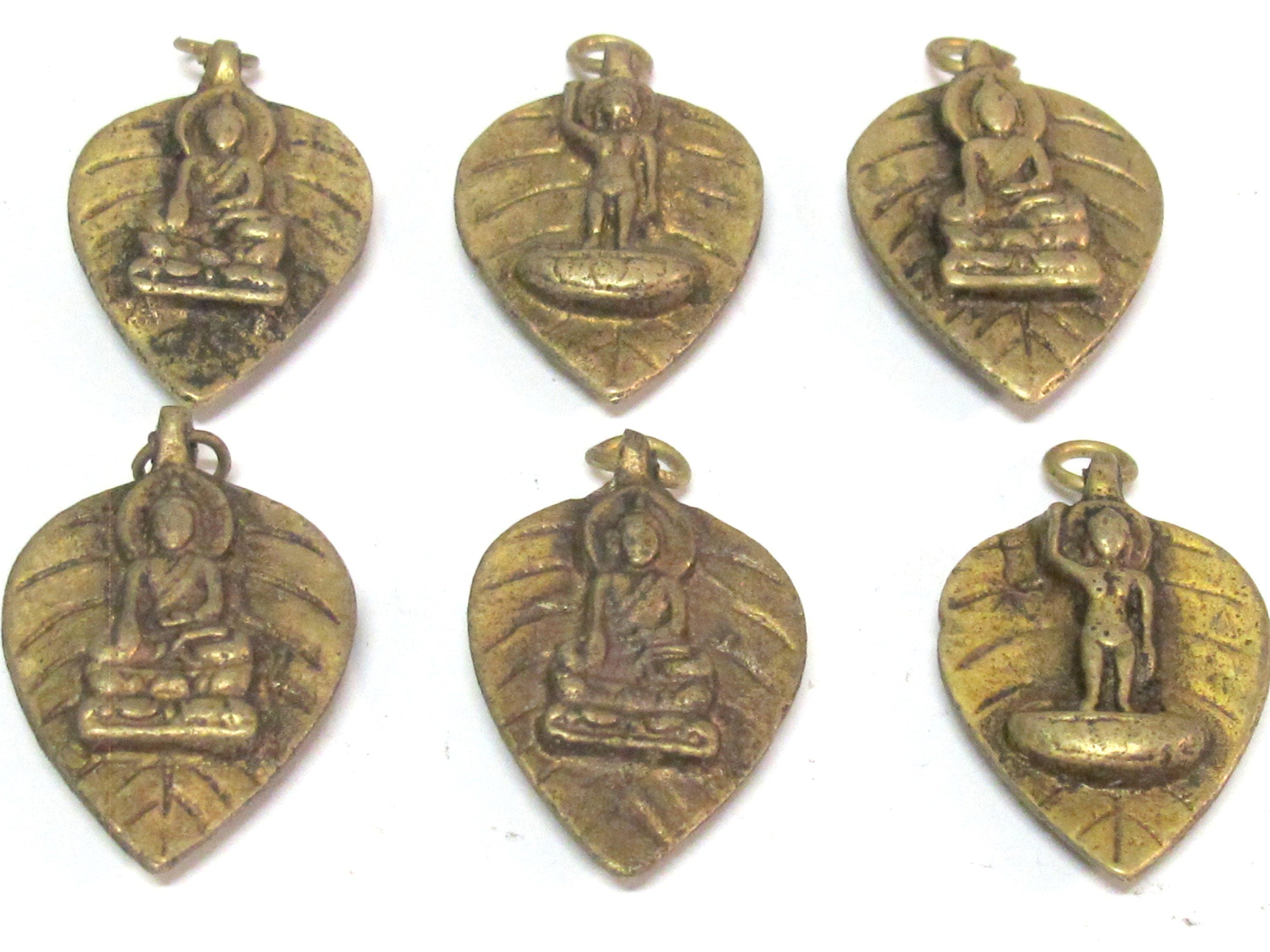 Reversible bodhi leaf shape standing Buddha and seated buddha Brass pendant from Nepal - CP068B