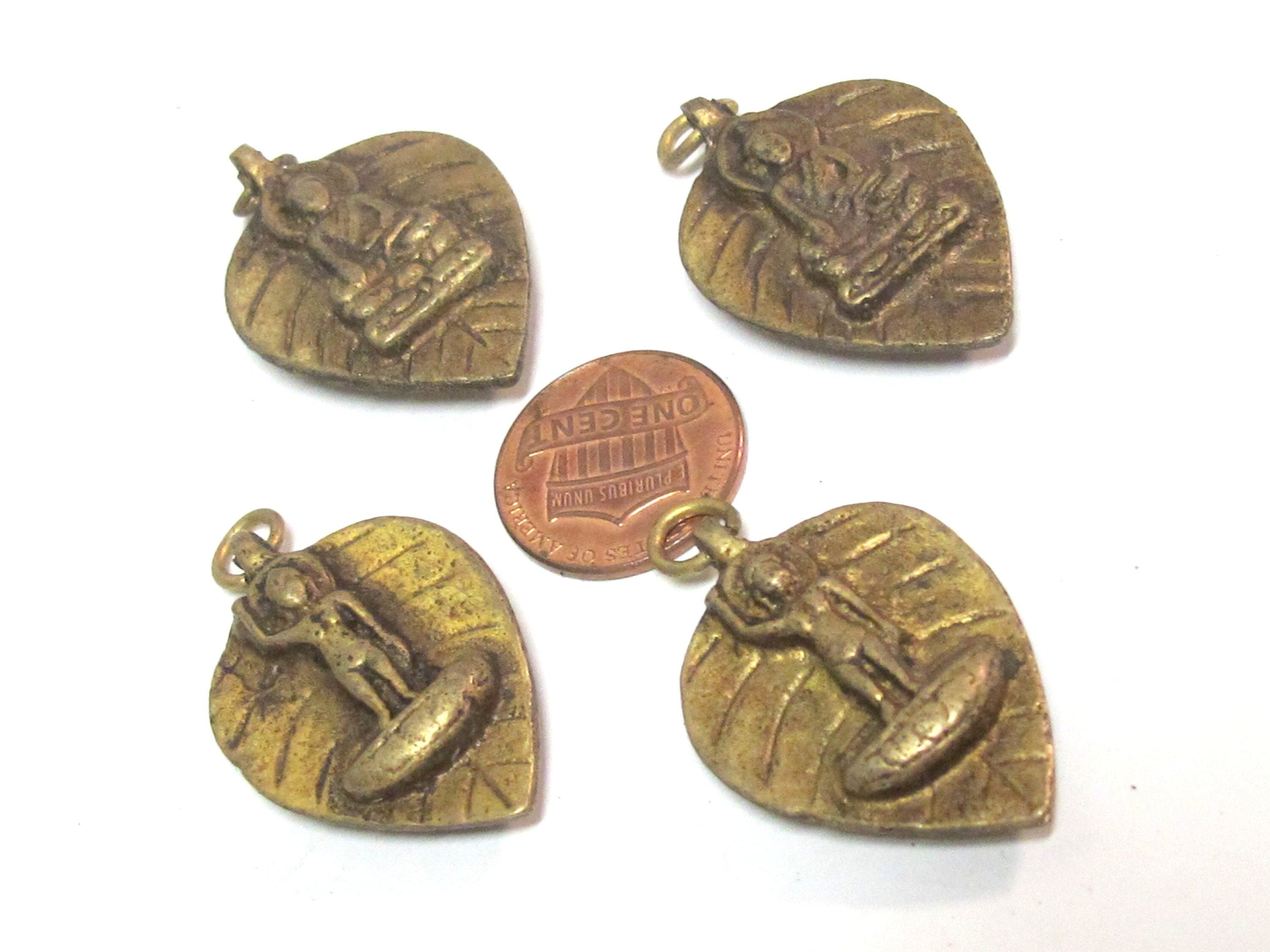 Reversible bodhi leaf shape standing Buddha and seated buddha Brass pendant from Nepal - CP068B