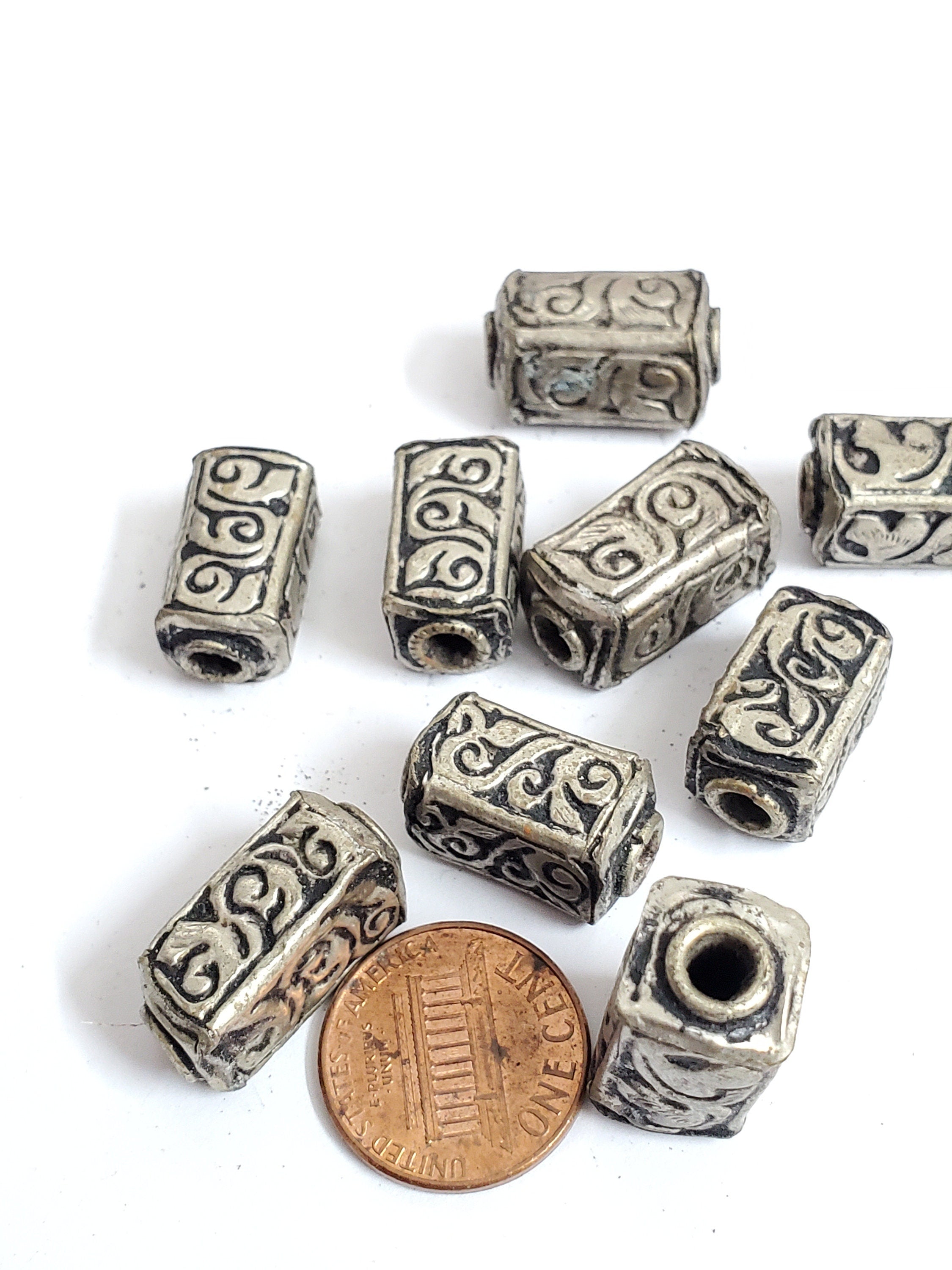 4 BEADS -Rectangular cube shape Tibetan antiqued silver finish repousse floral design bead - BD353C