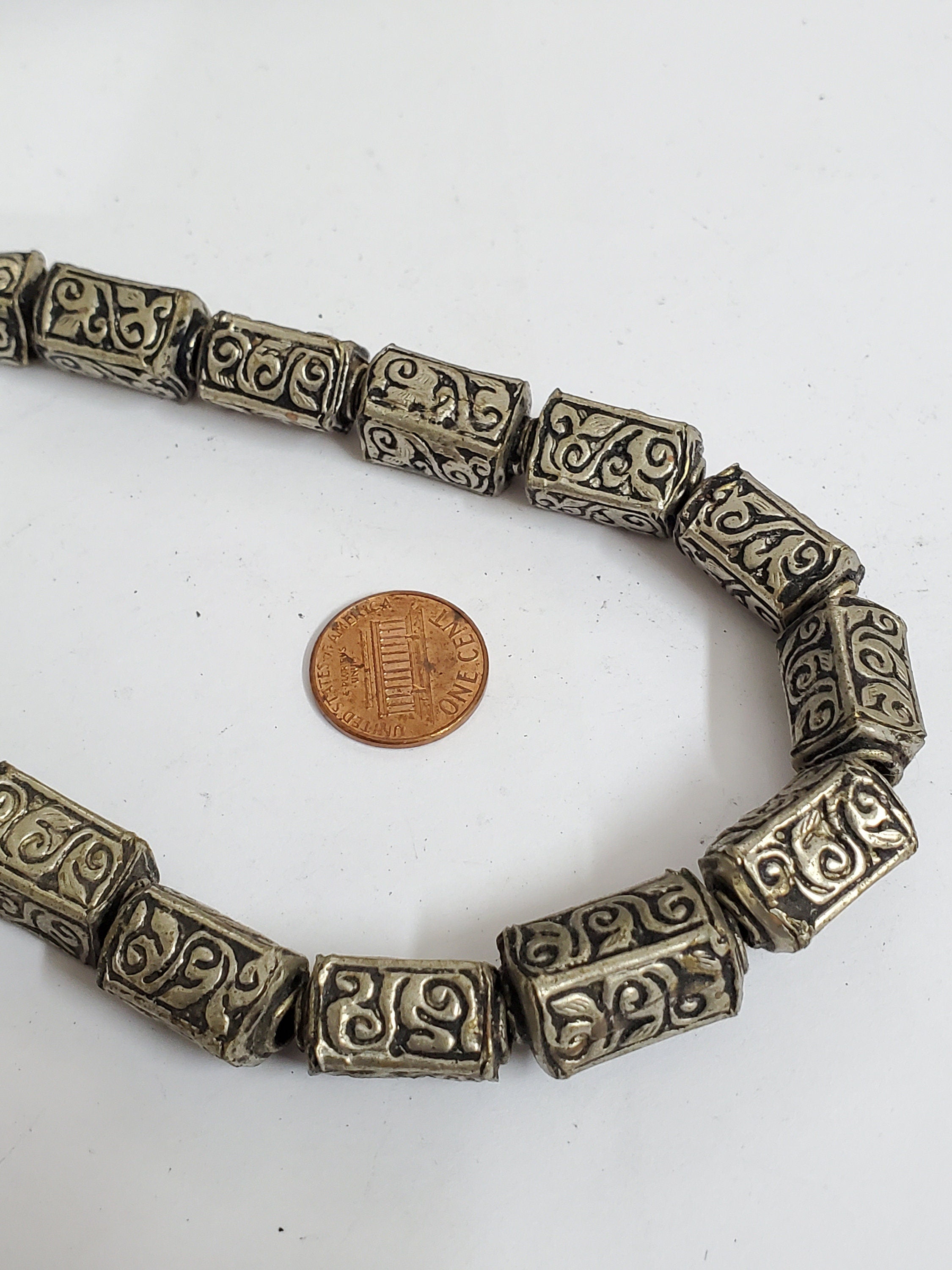 4 BEADS -Rectangular cube shape Tibetan antiqued silver finish repousse floral design bead - BD353C