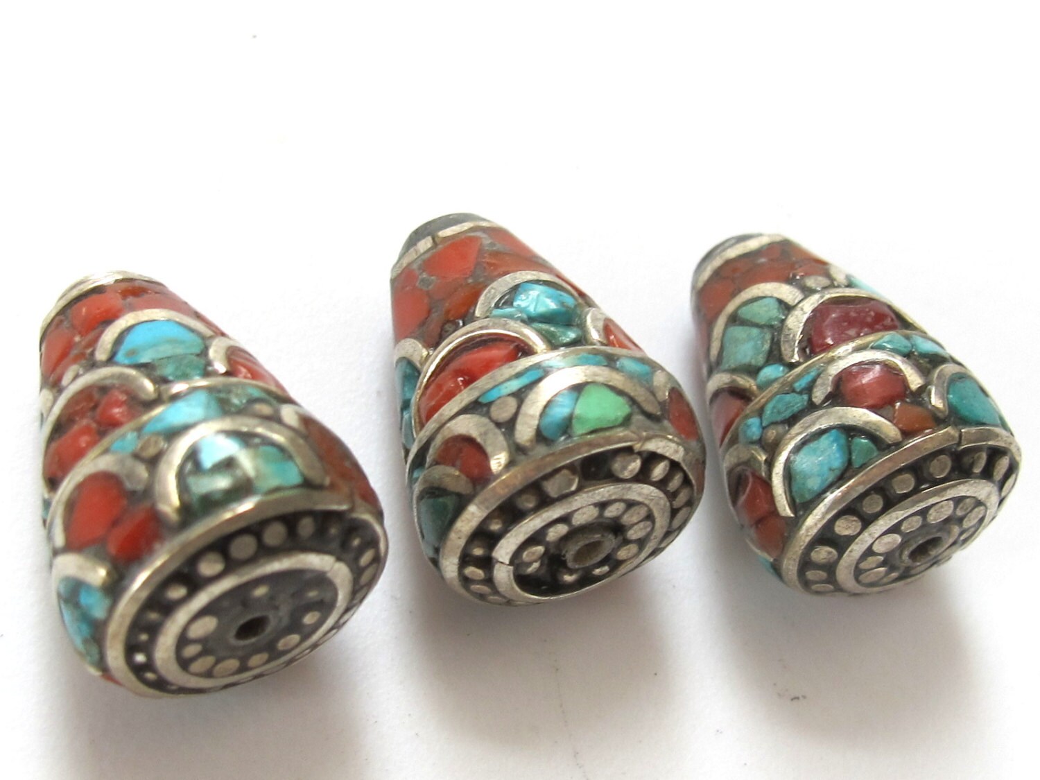 2 Beads - Nepal brass cone beads with turquoise coral inlay - BD238