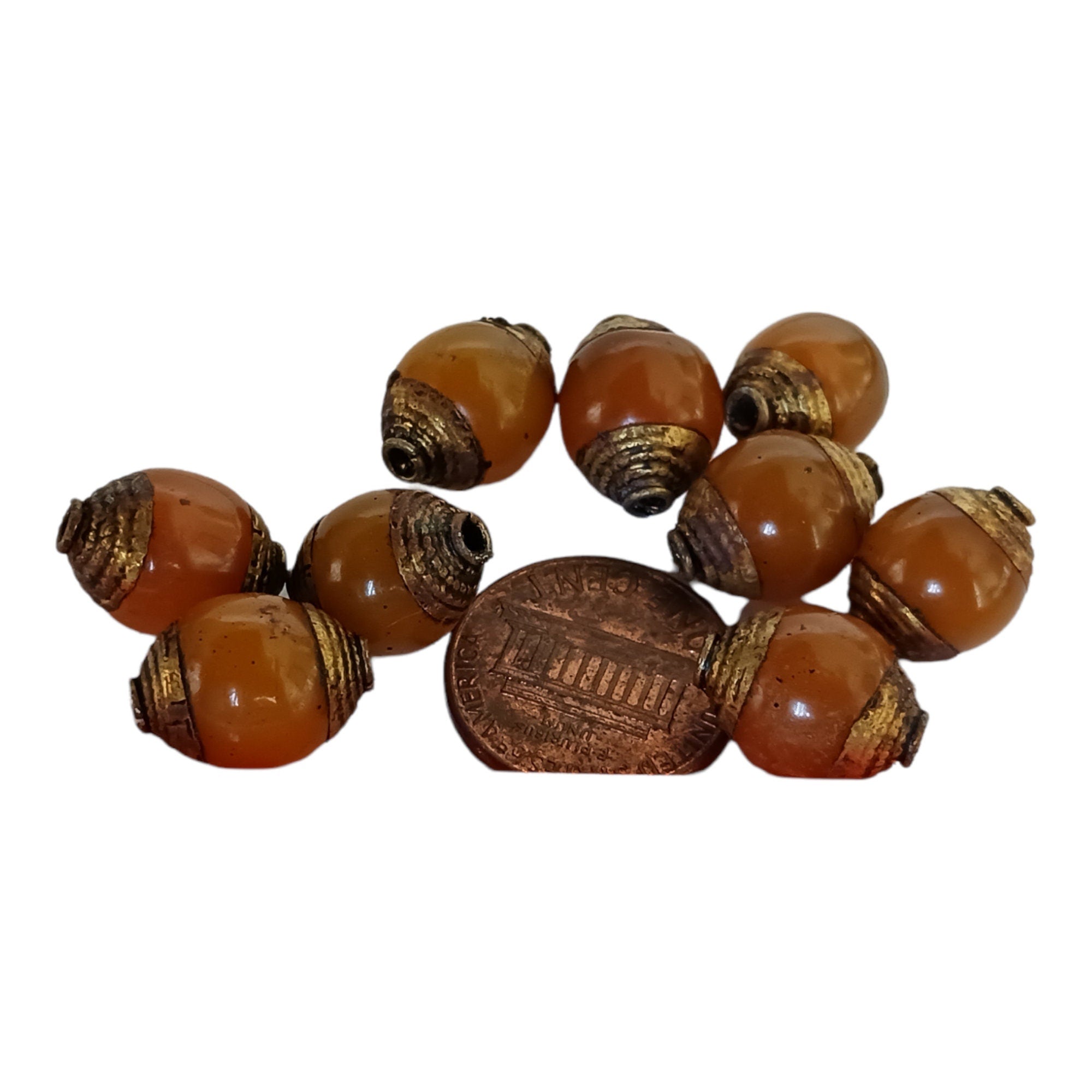 4 BEADS - Tibetan copal resin brass capped beads - BD474B