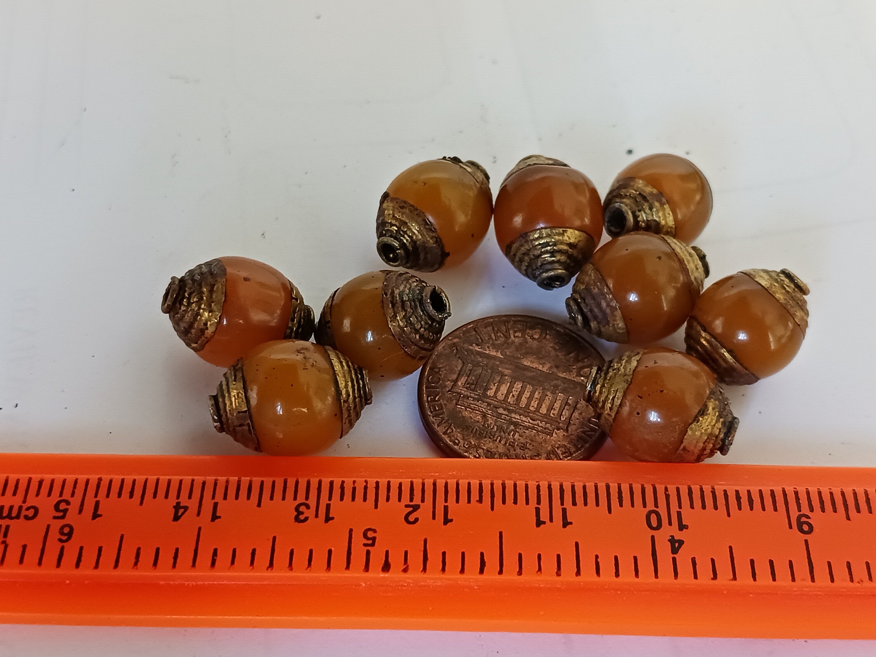 4 BEADS - Tibetan copal resin brass capped beads - BD474B