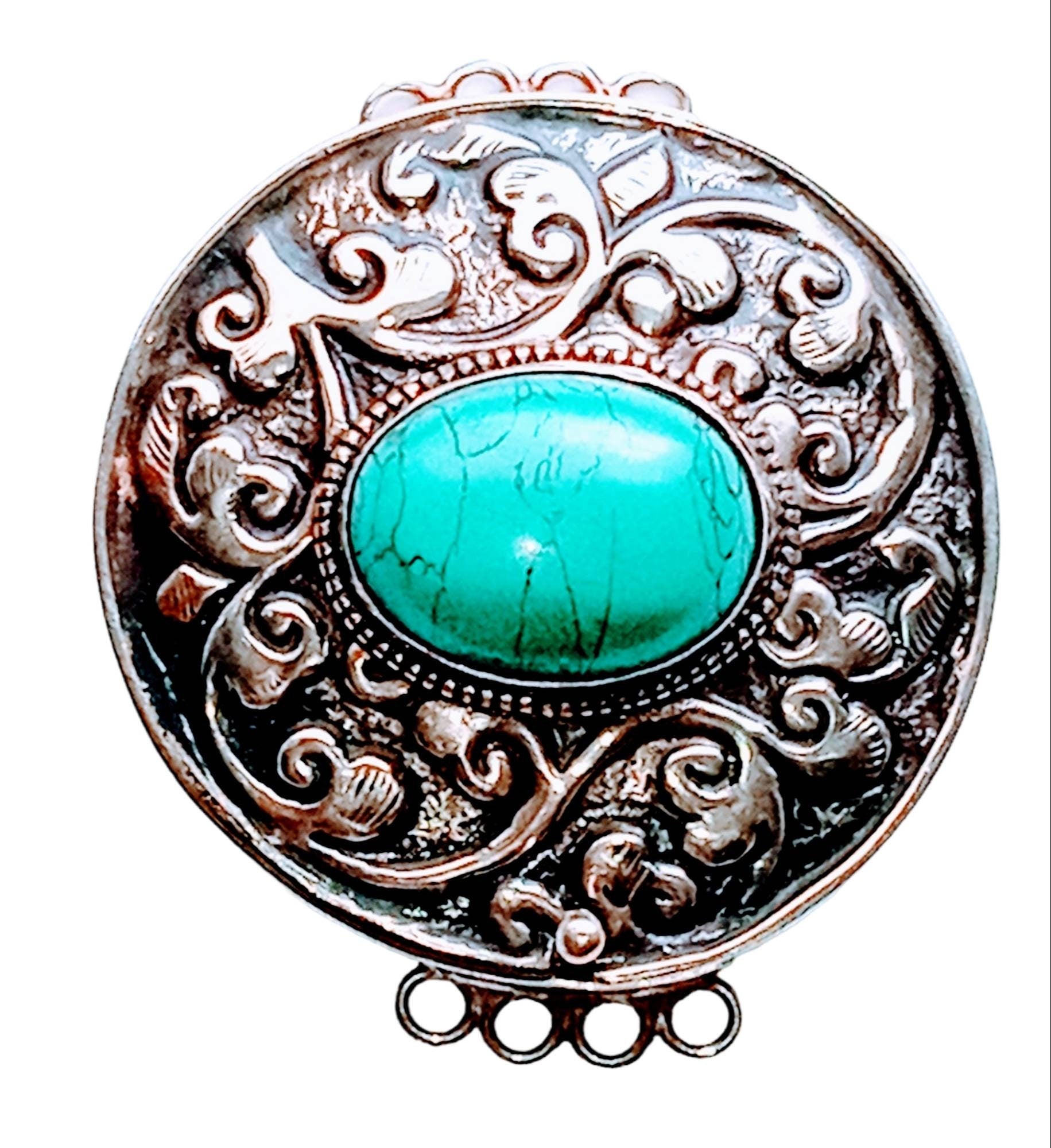 1 clasp - Large ethnic Tibetan silver turquoise gemstone inlaid statement clasp pendant from Nepal - LN032A