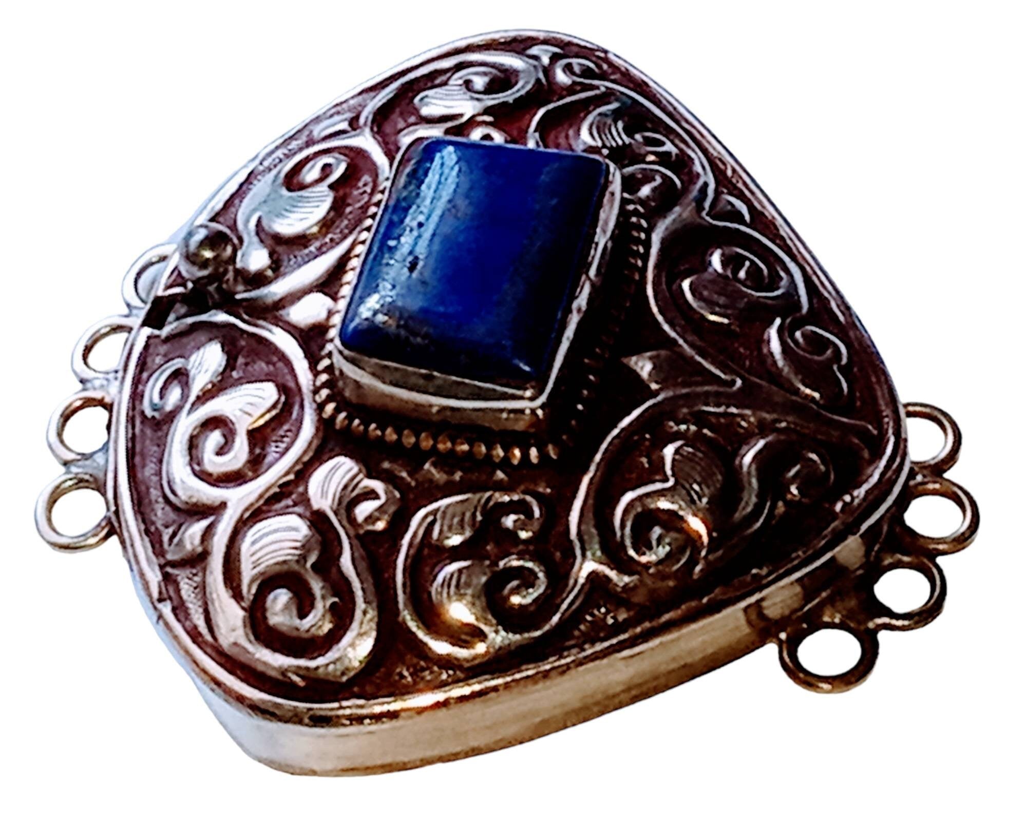 1 clasp - Large ethnic Tibetan silver Lapis inlaid statement clasp pendant from Nepal - LN033C