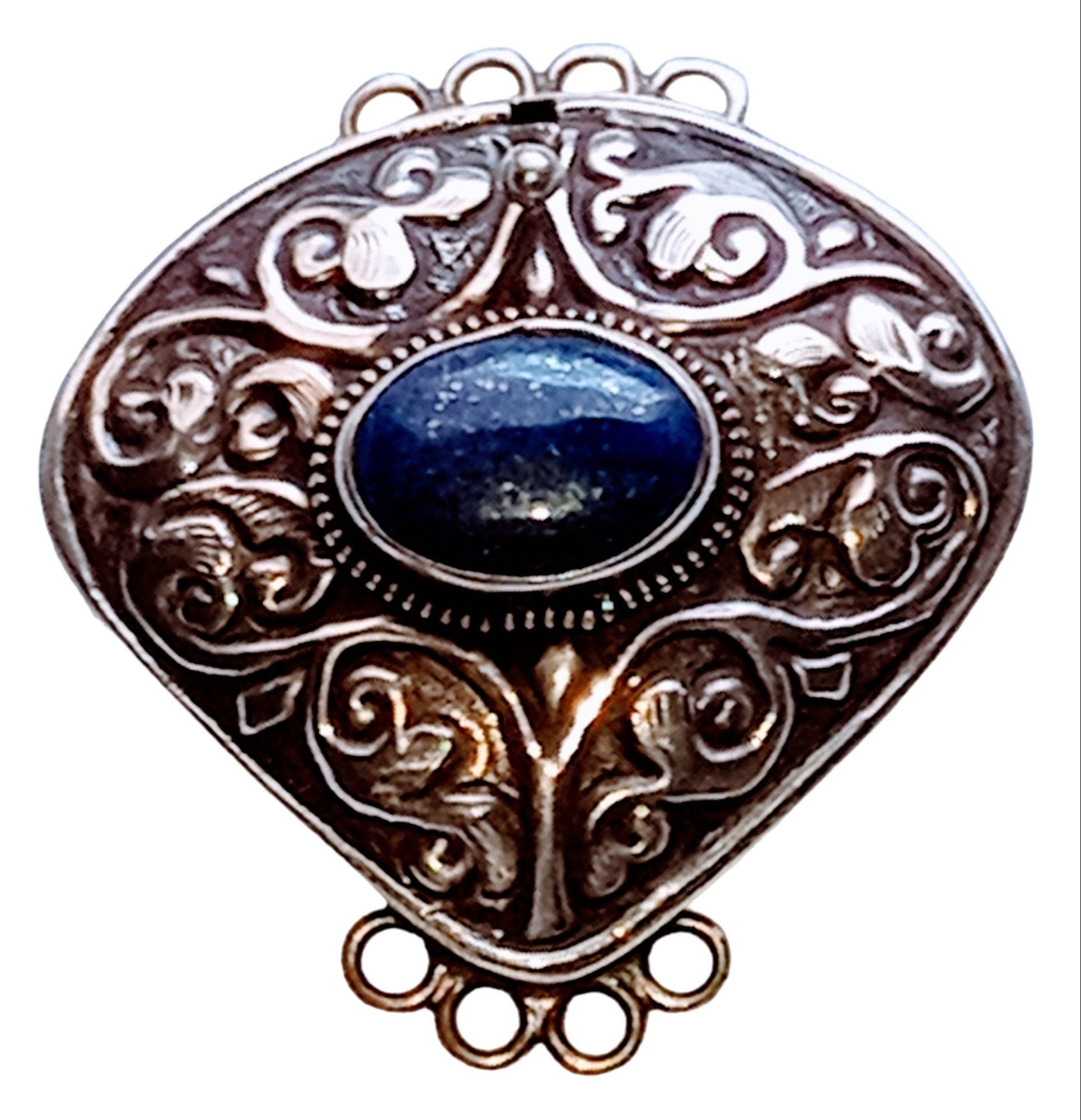 1 clasp - Large ethnic Tibetan silver Lapis inlaid statement clasp pendant from Nepal - LN033B
