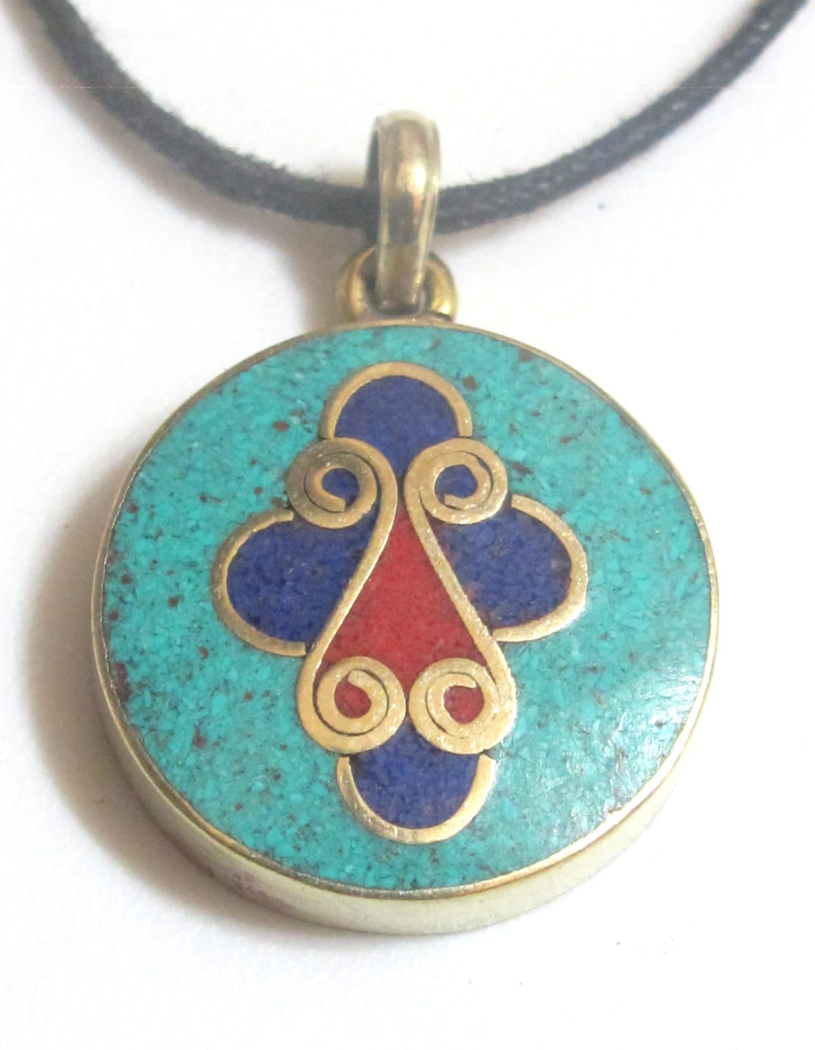 Tibetan round shape cross design brass pendant with lapis , turquoise and inlay - PM177