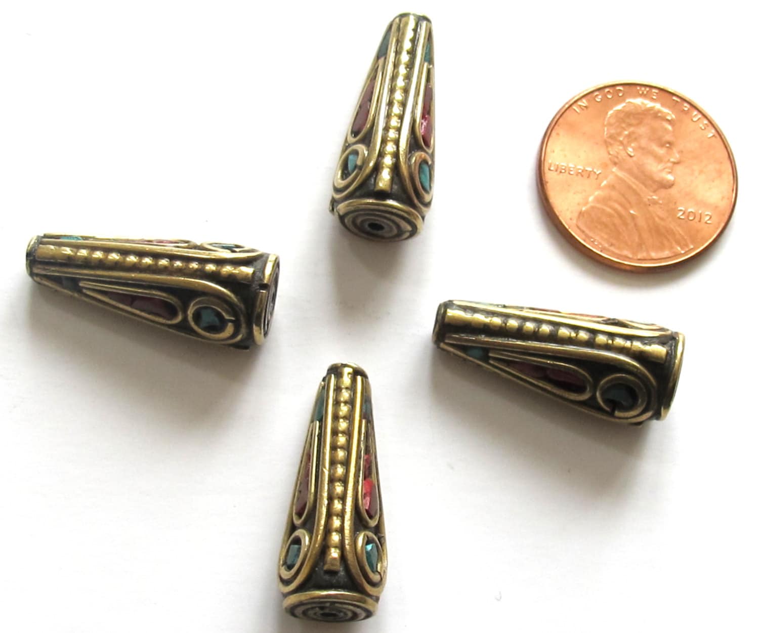 Beautiful Tibetan conical shape brass beads with turquoise inlay - 1 bead - BD481