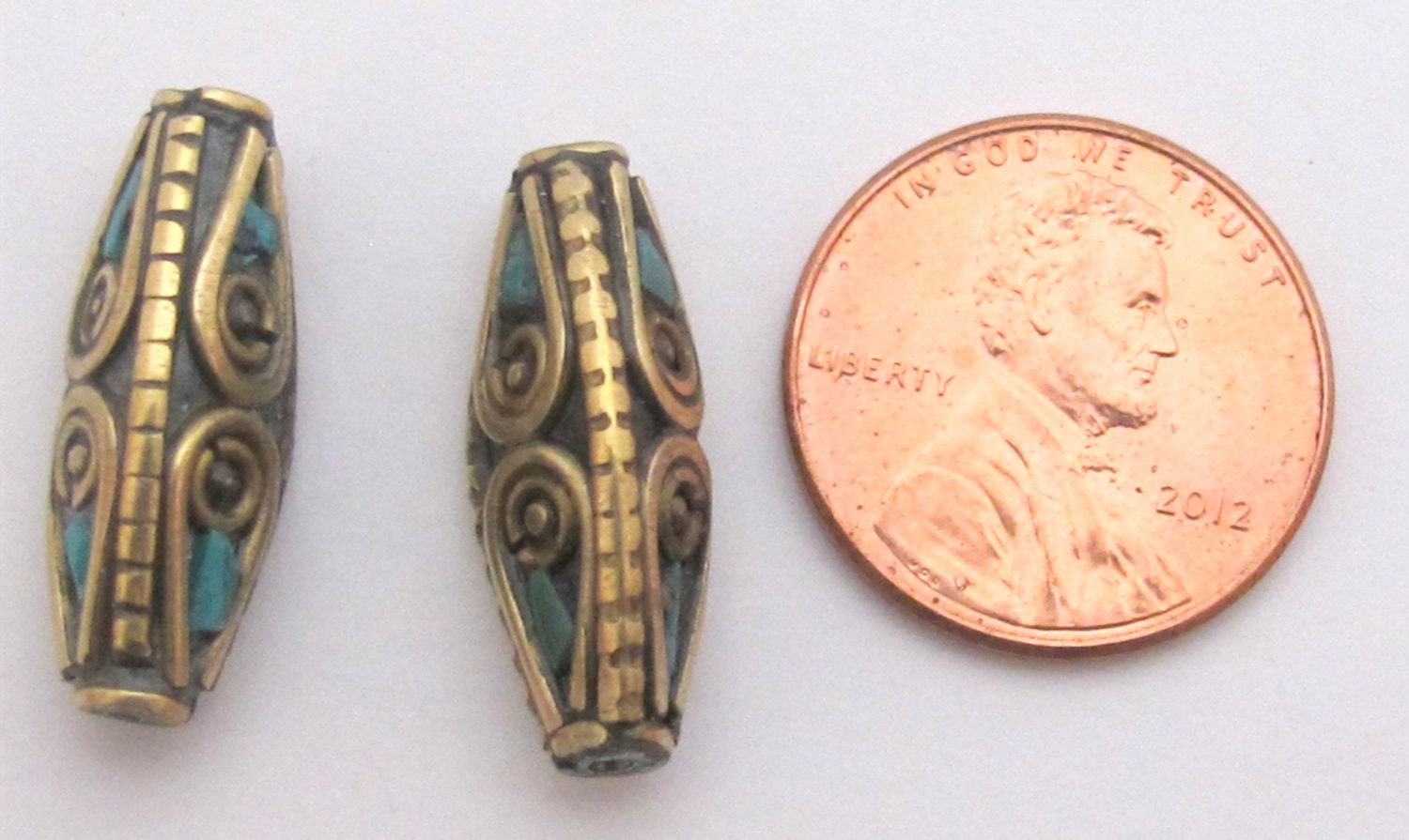 2 beads - Bicone shape Tibetan brass Beads with turquoise inlay - BD483