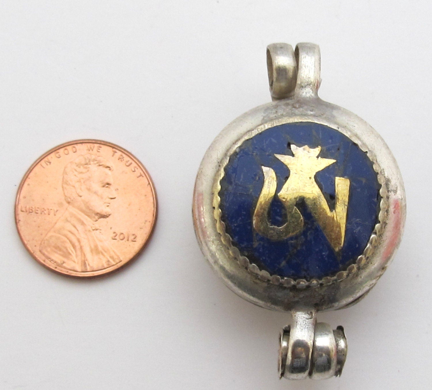 Tibetan silver Lapis and turquoise inlaid Ghau prayer box Om and endless knot reversible pendant - PM181G